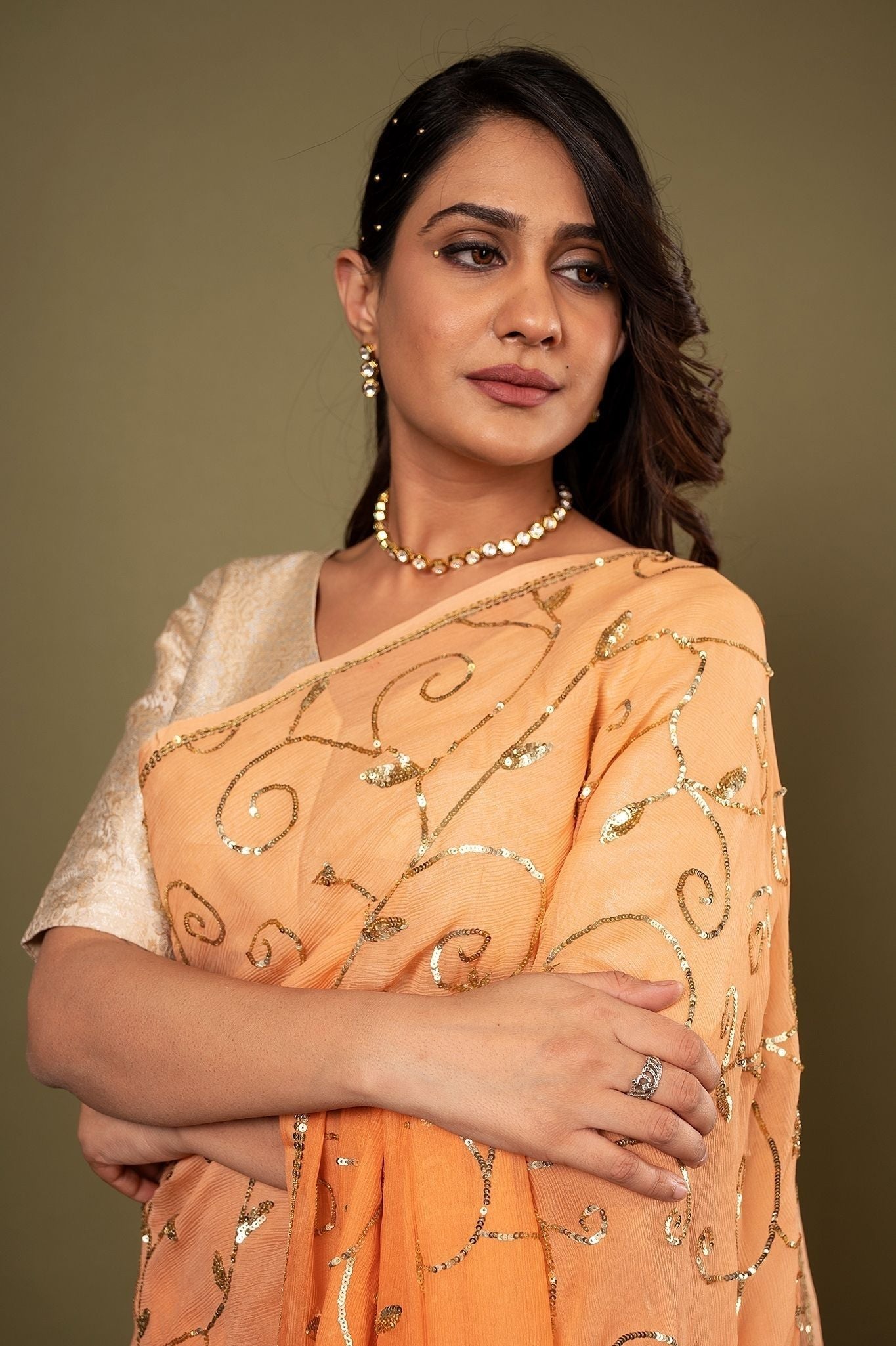 Orange Pure Chiffon aari sequins jaal handwork saree