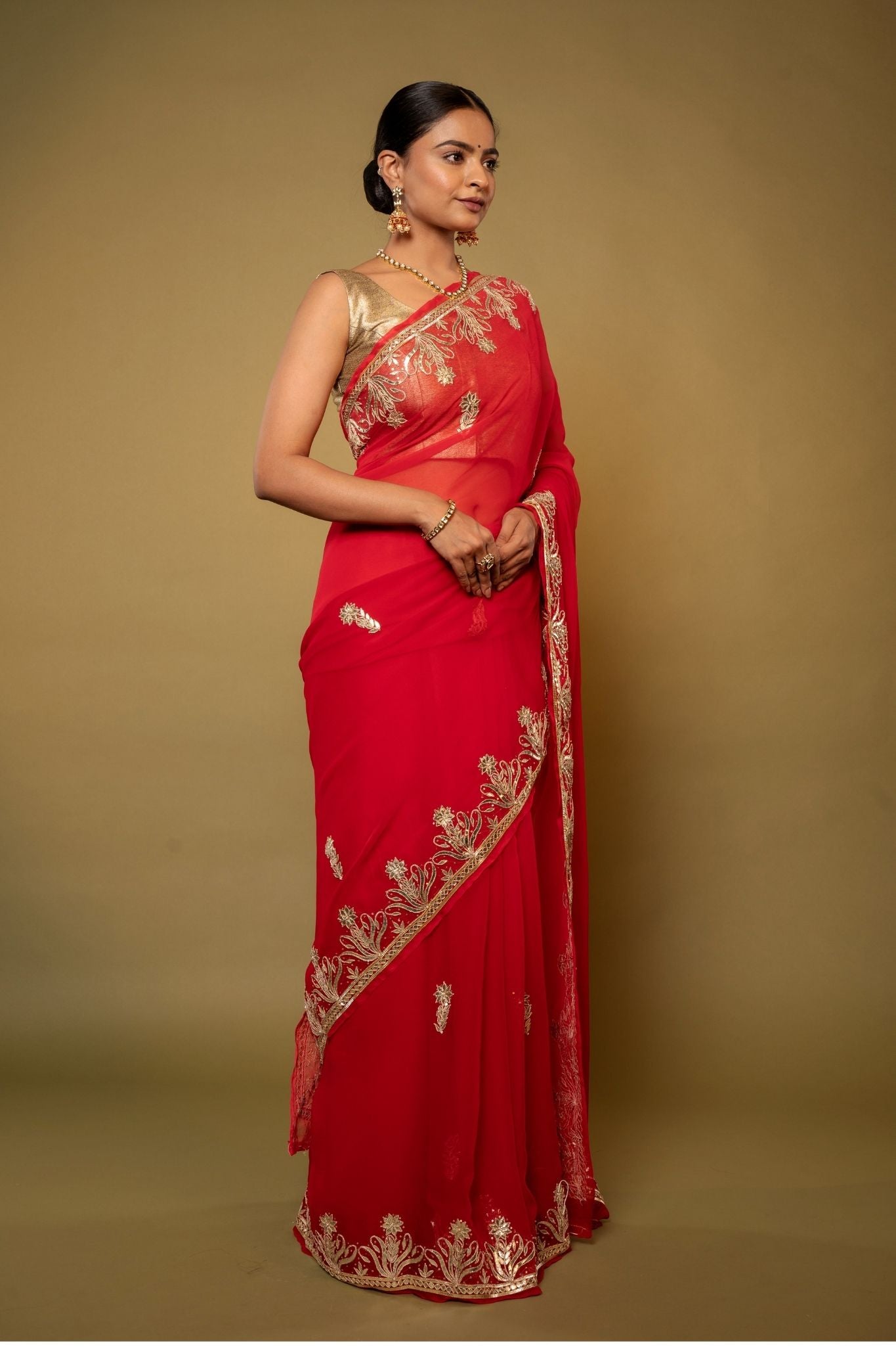red Viscose Chiffon aari sequins handwork party wear saree