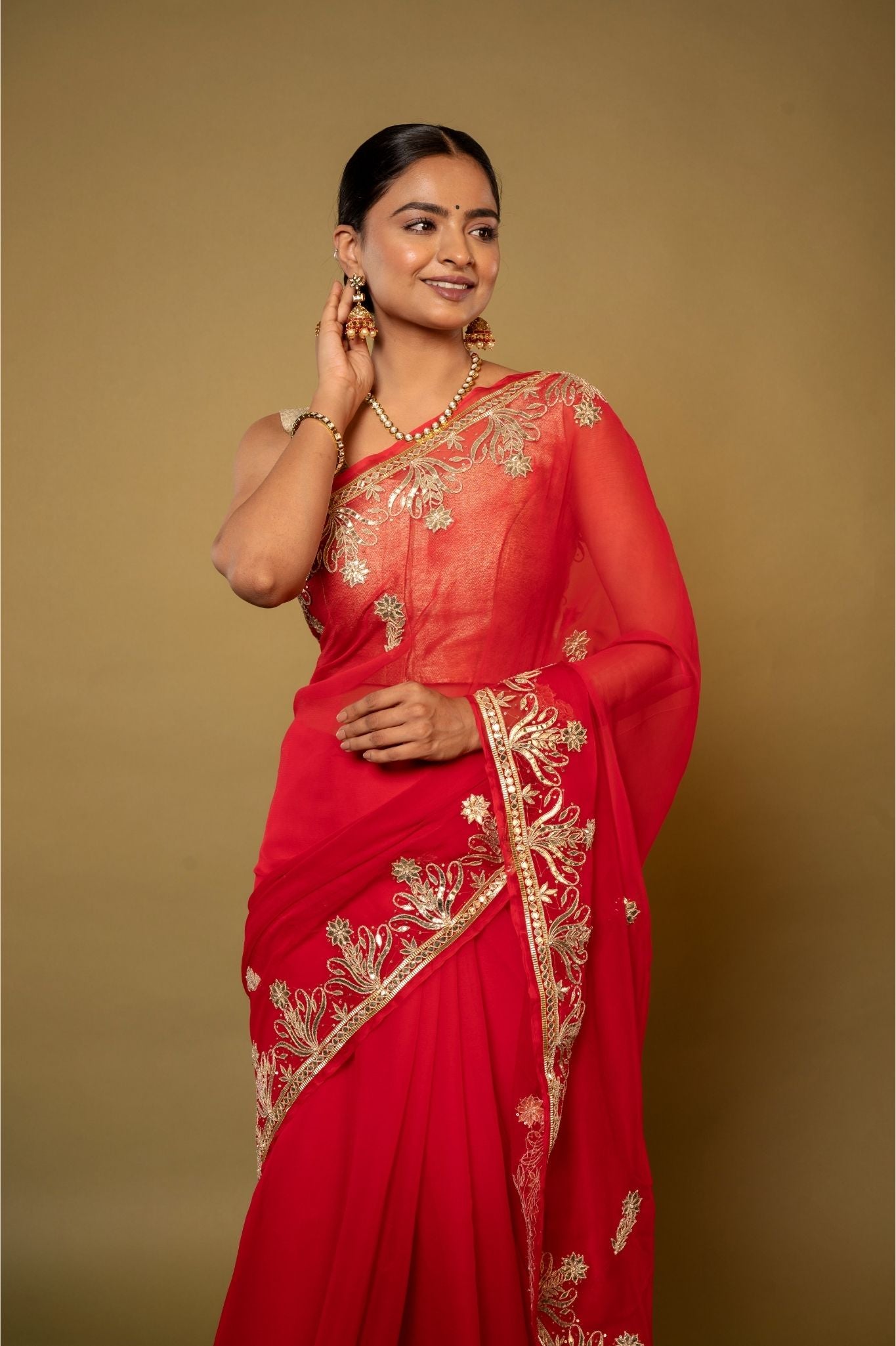 red Viscose Chiffon aari sequins handwork party wear saree