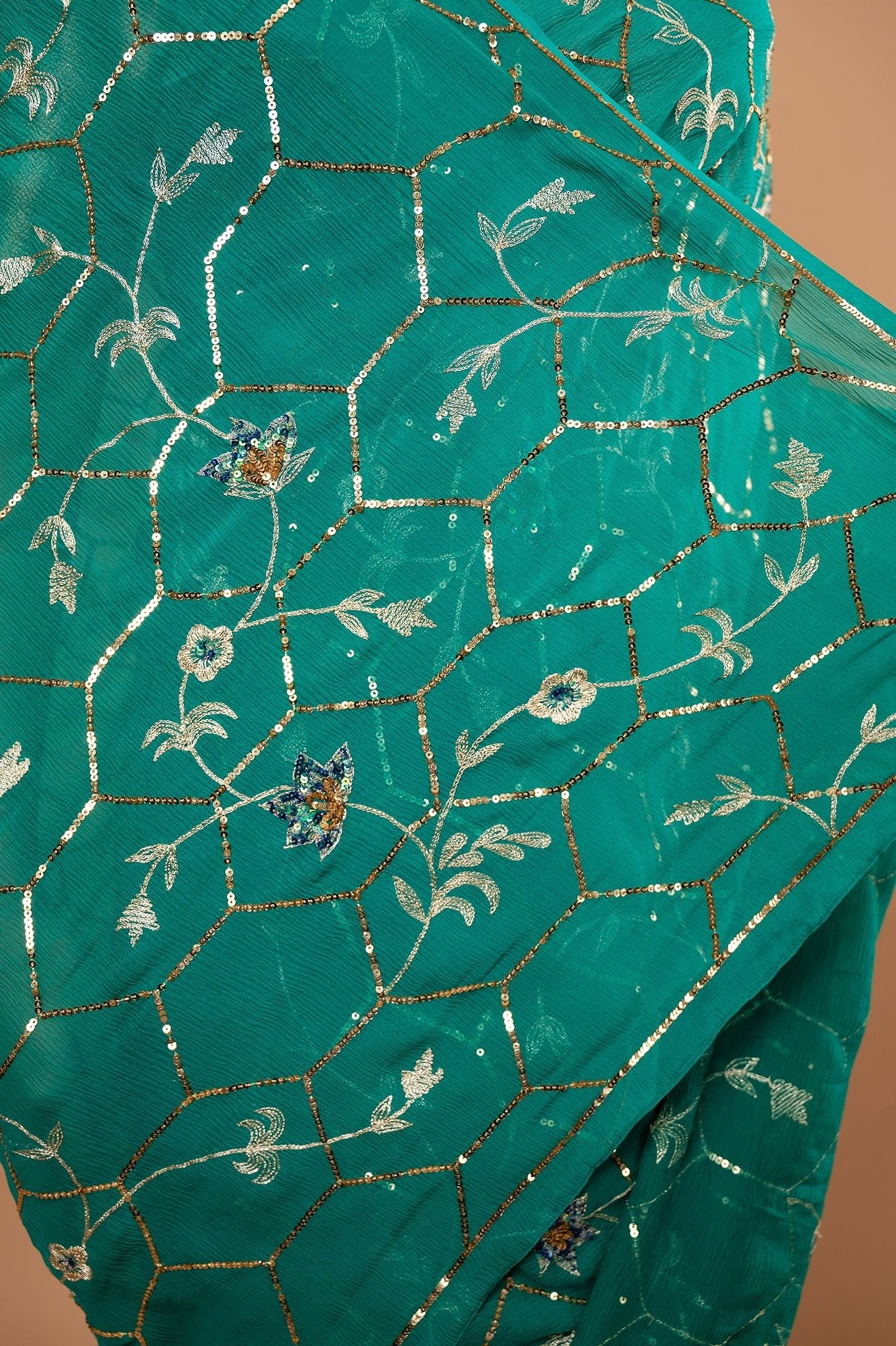 rama green Pure Chiffon aari sequins jaal handwork saree