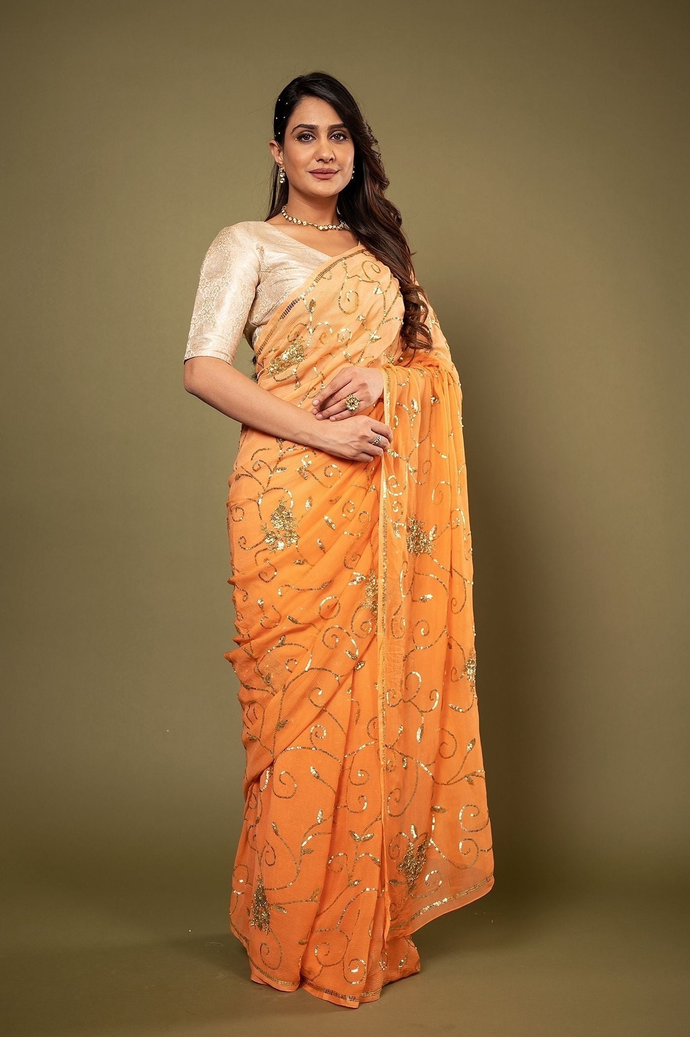 Orange Pure Chiffon aari sequins jaal handwork saree
