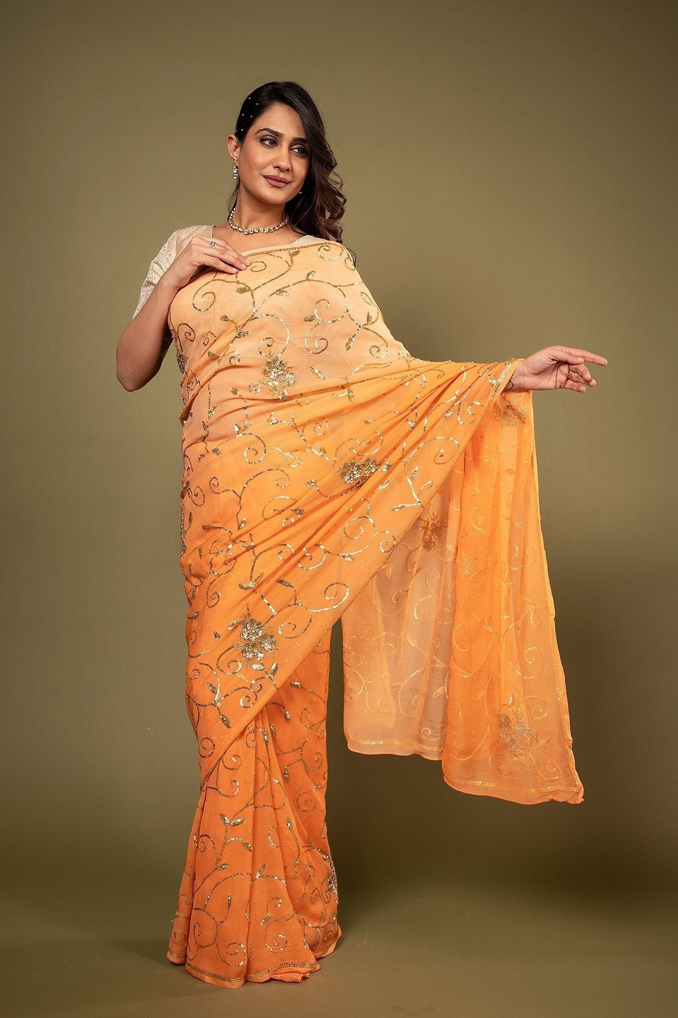 Orange Pure Chiffon aari sequins jaal handwork saree