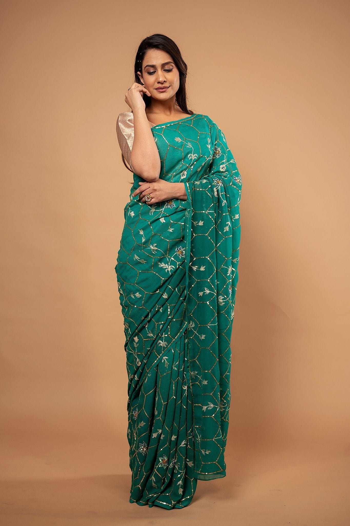 rama green Pure Chiffon aari sequins jaal handwork saree