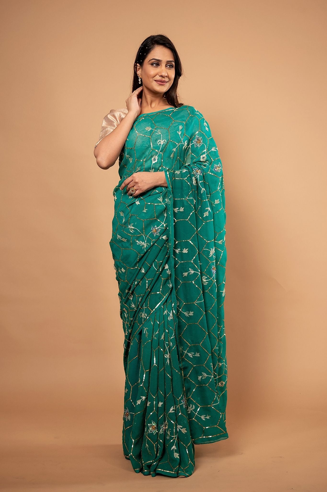 rama green Pure Chiffon aari sequins jaal handwork saree