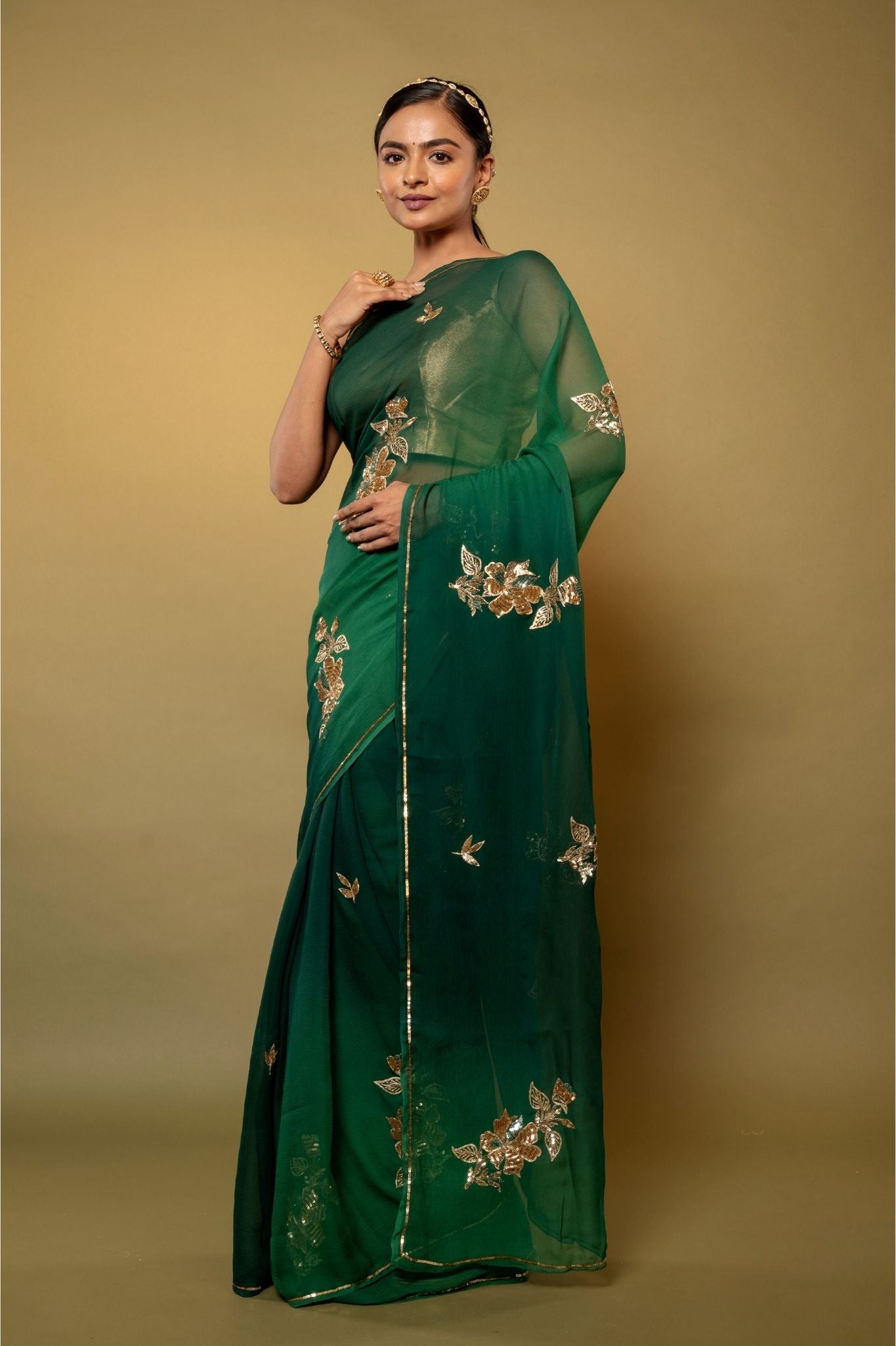 green pure chiffon aari sequins handwork saree