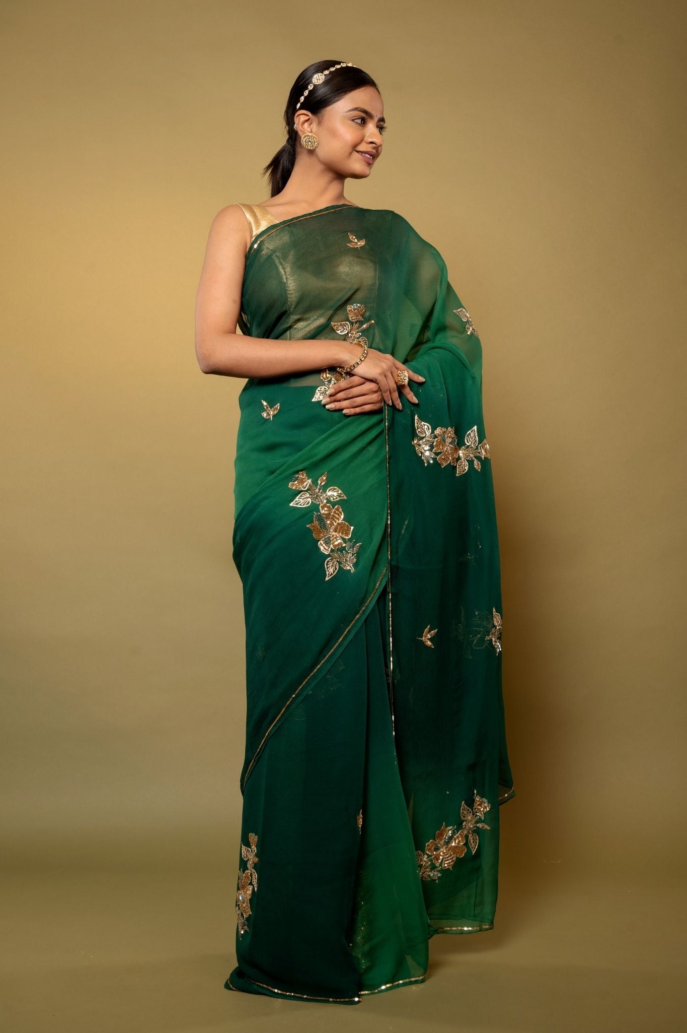 green pure chiffon aari sequins handwork saree