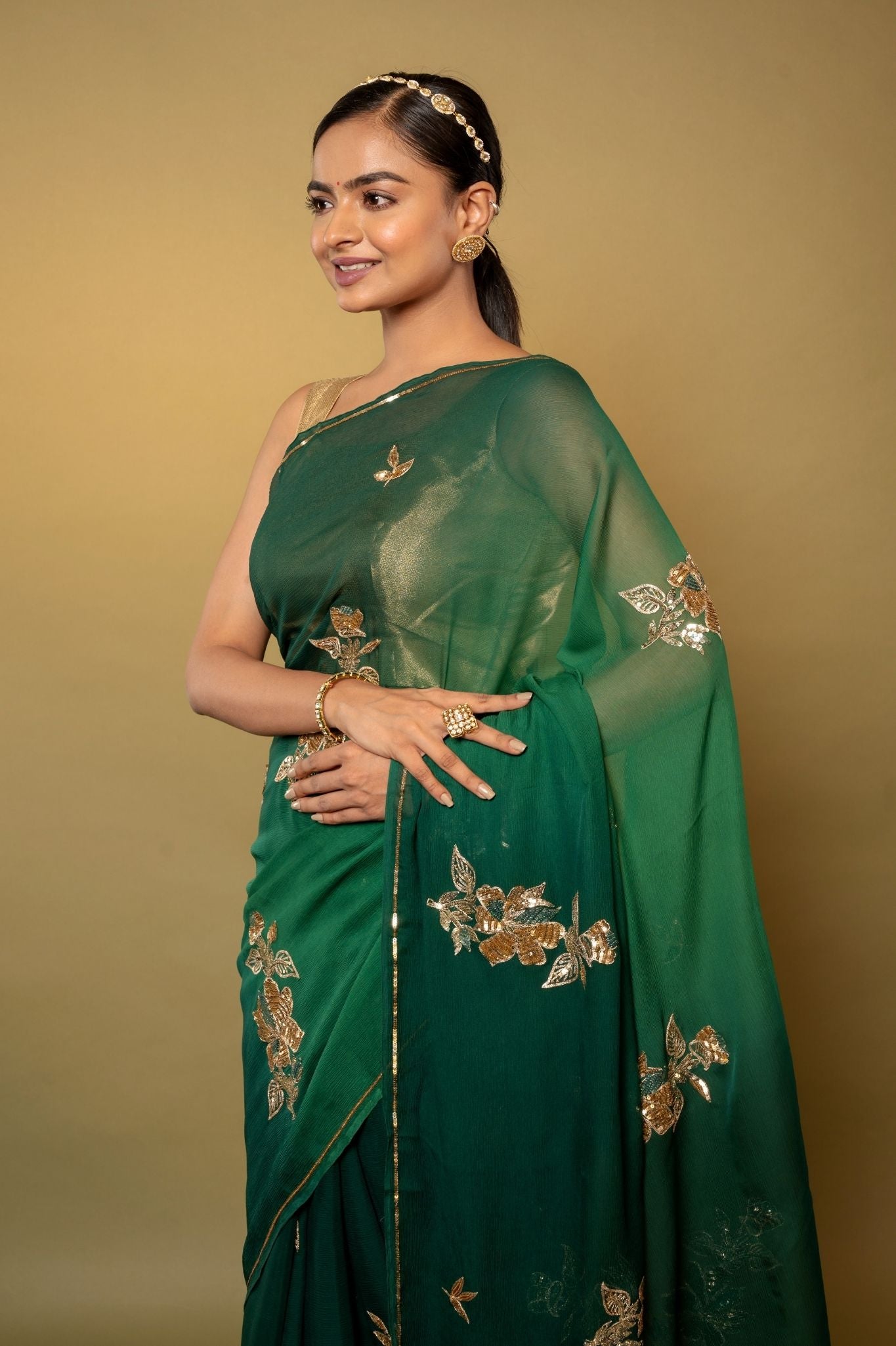 green pure chiffon aari sequins handwork saree
