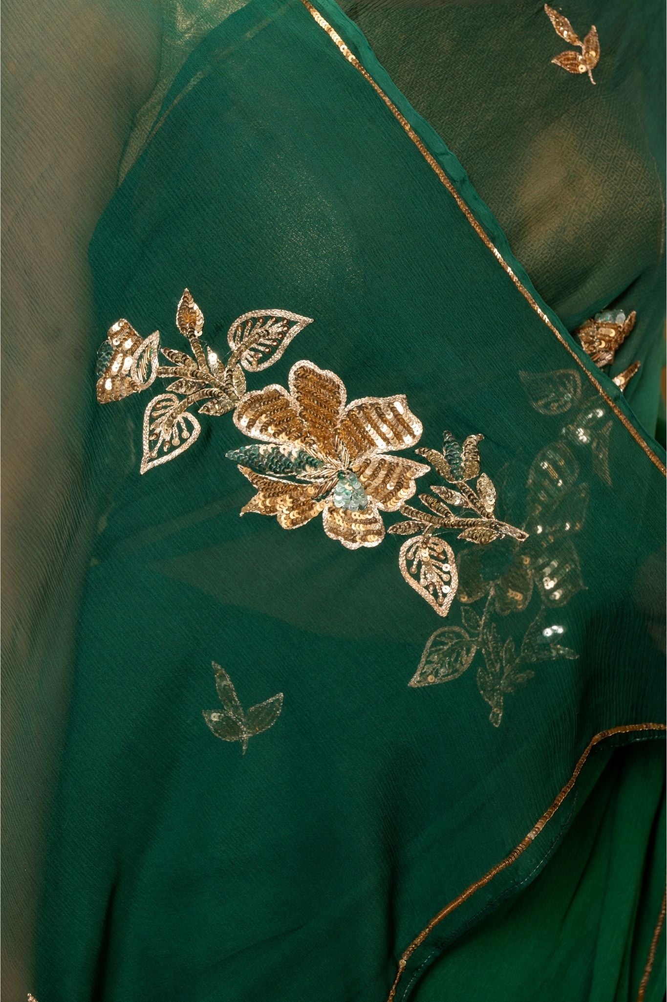 green pure chiffon aari sequins handwork saree