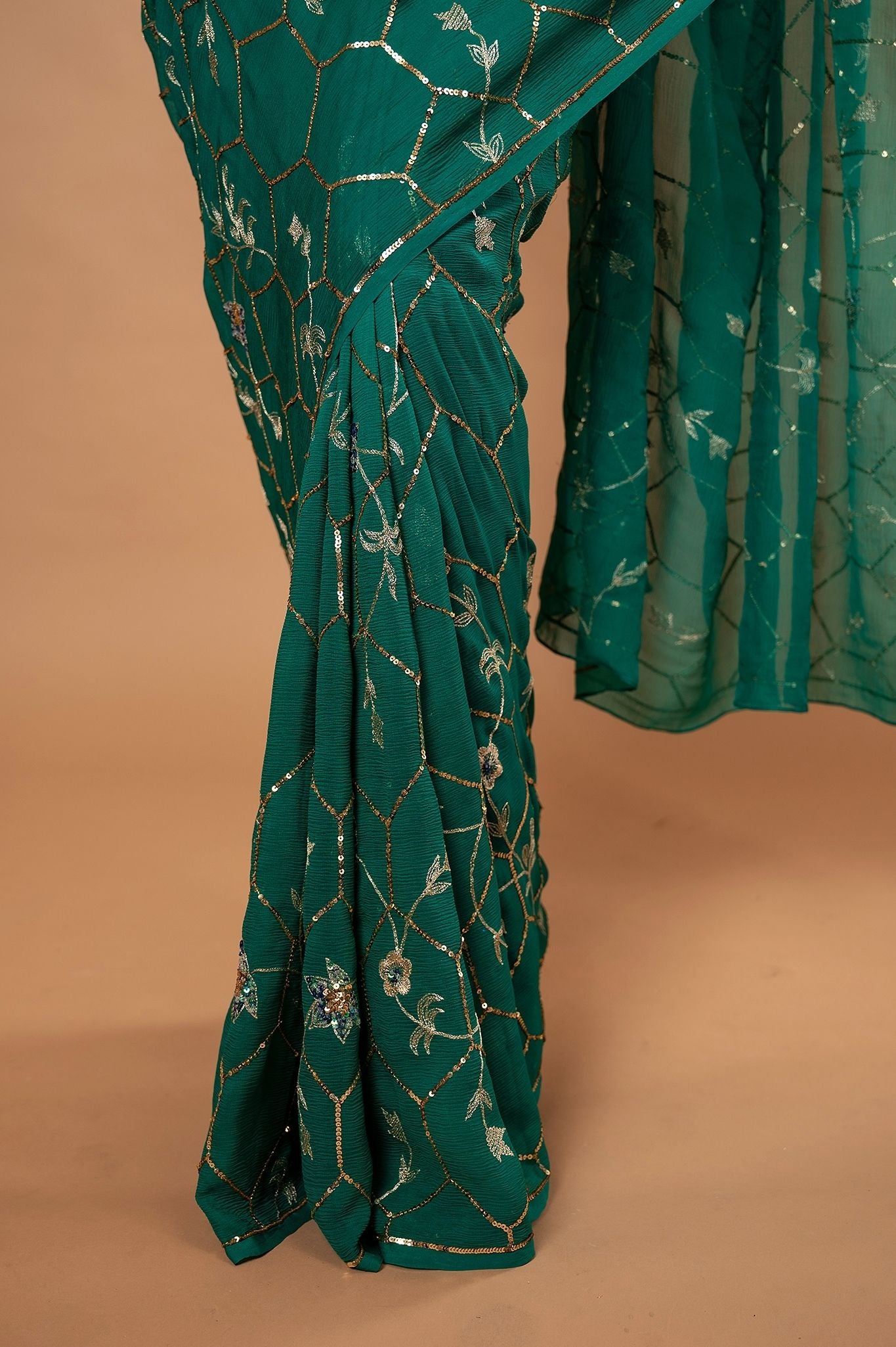 rama green Pure Chiffon aari sequins jaal handwork saree