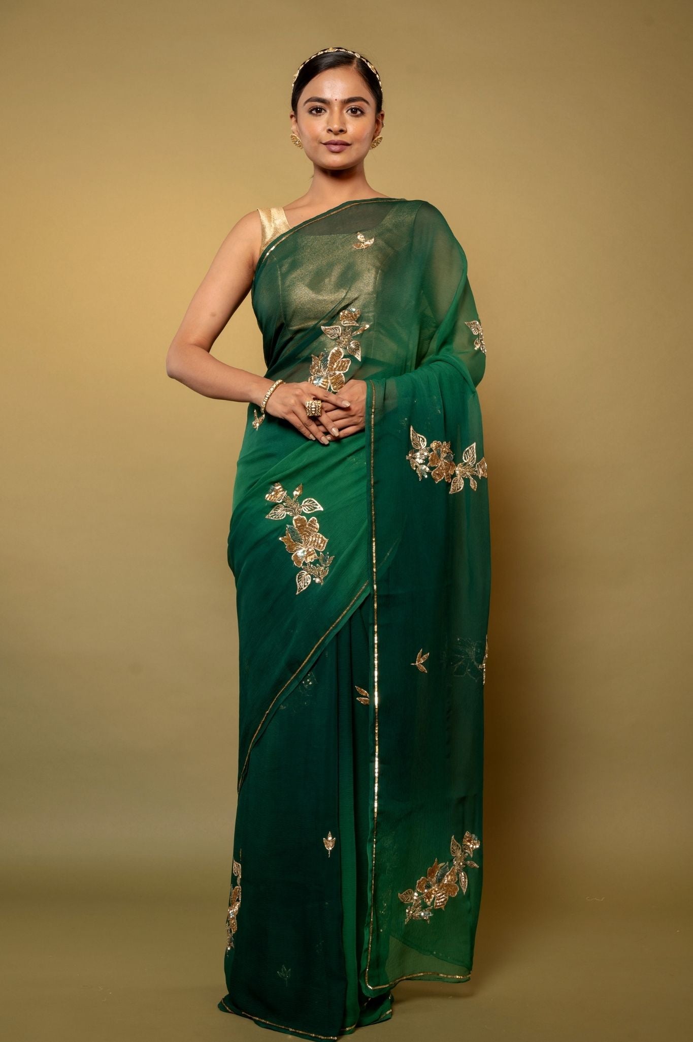 green pure chiffon aari sequins handwork saree