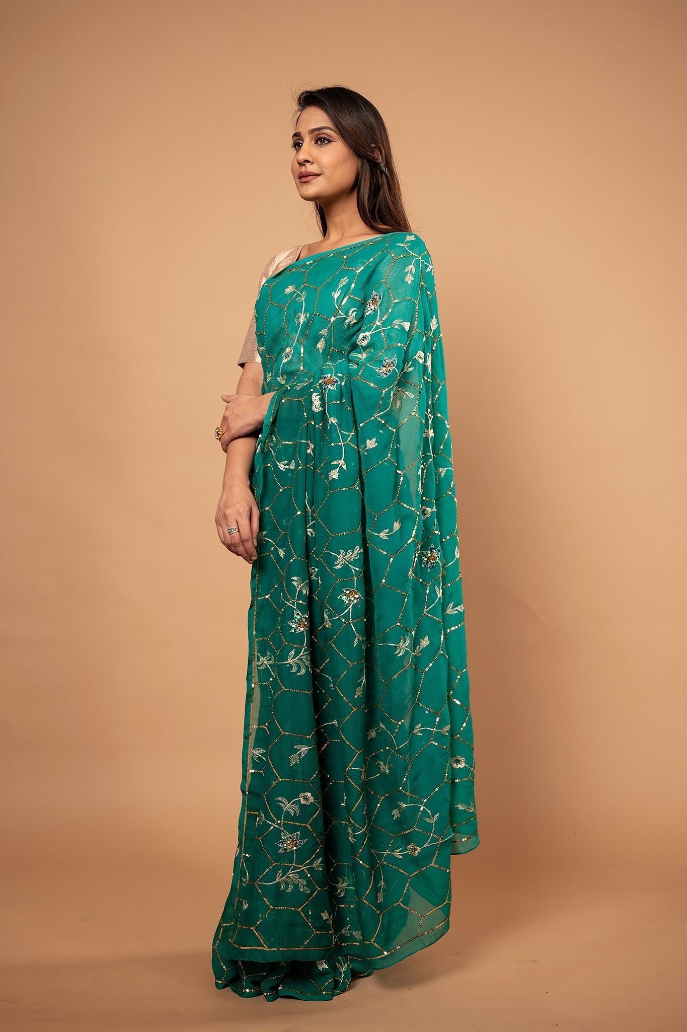 rama green Pure Chiffon aari sequins jaal handwork saree