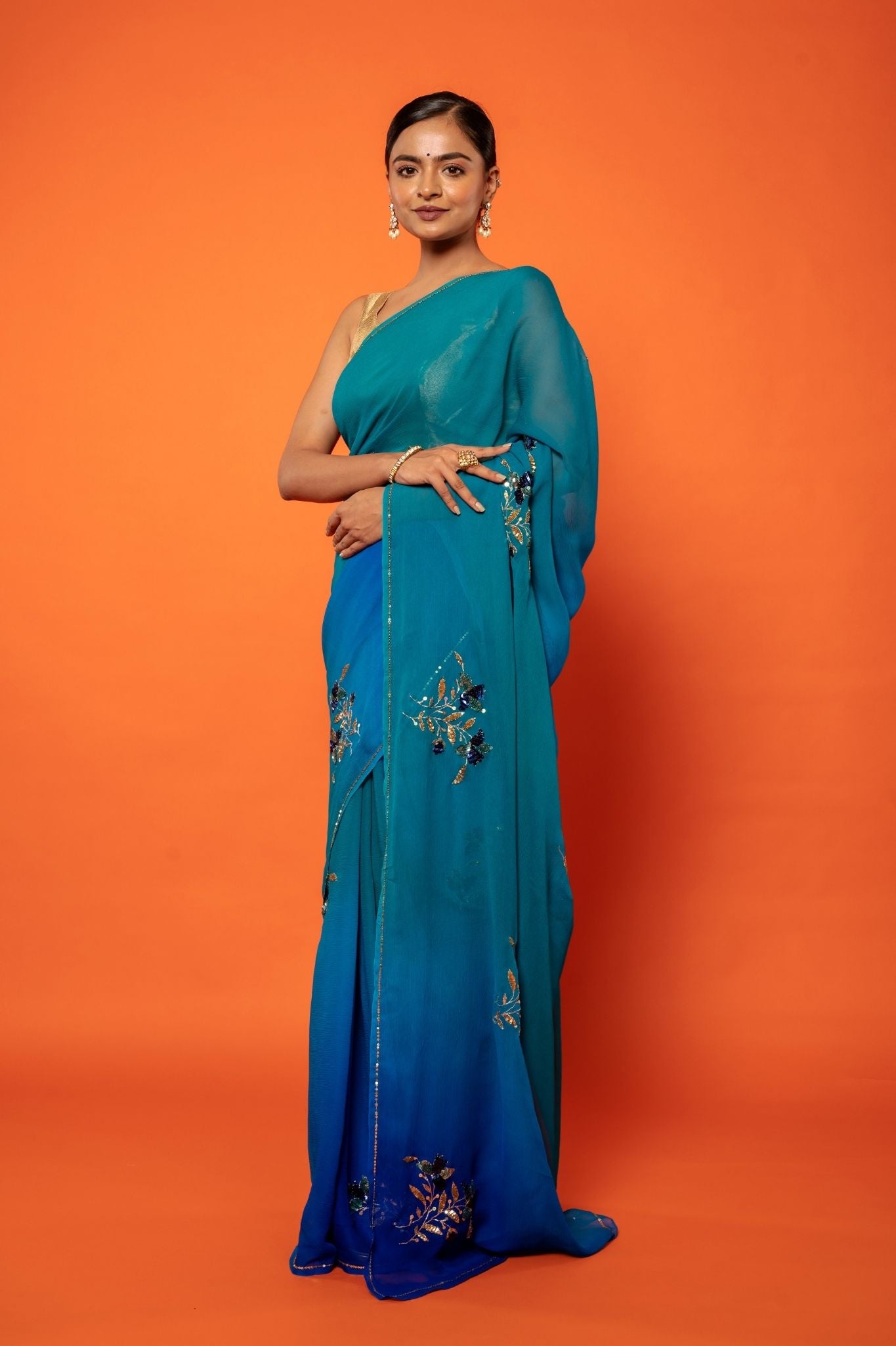 peacock pure chiffon aari sequins handwork saree