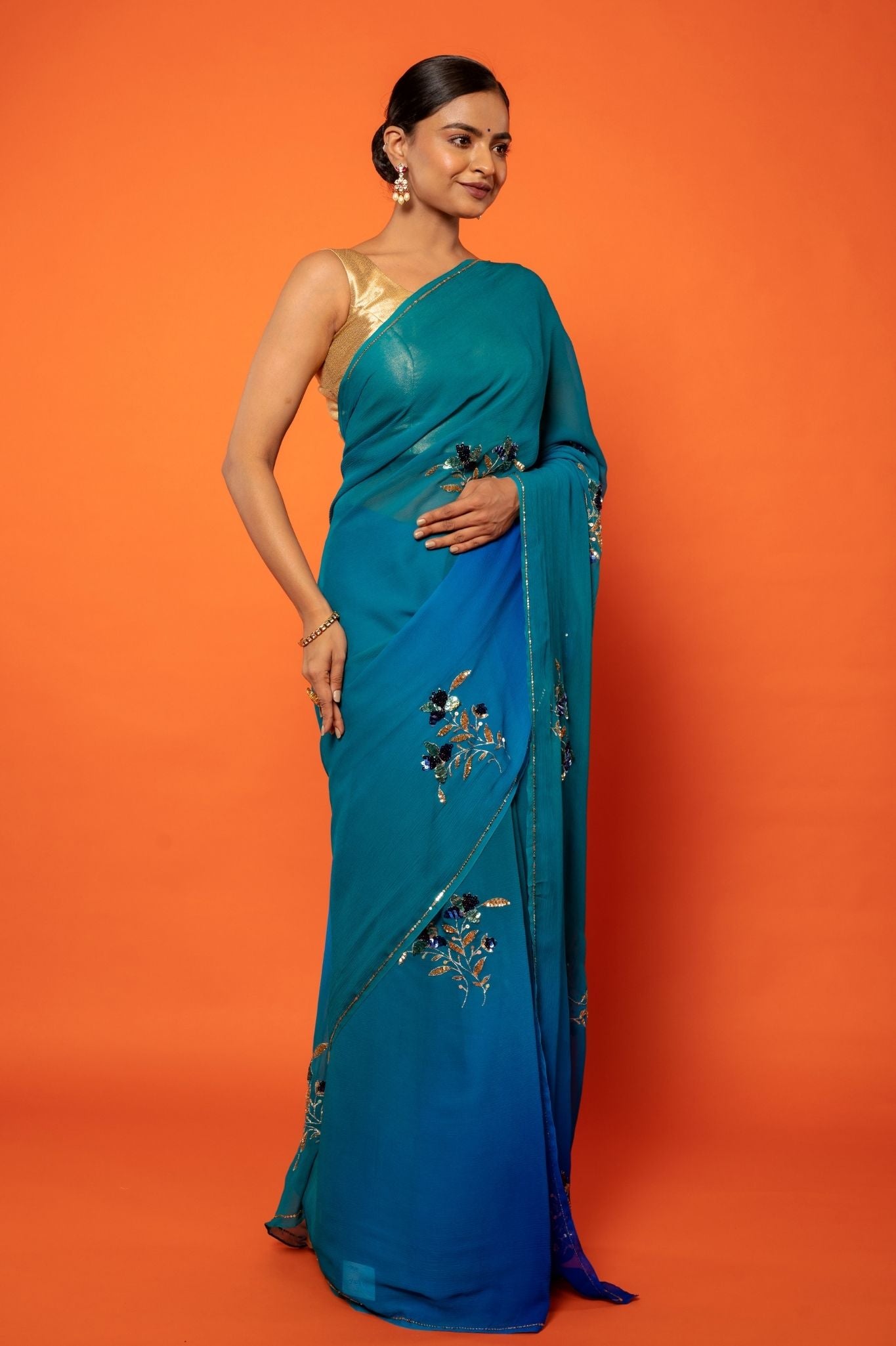peacock pure chiffon aari sequins handwork saree