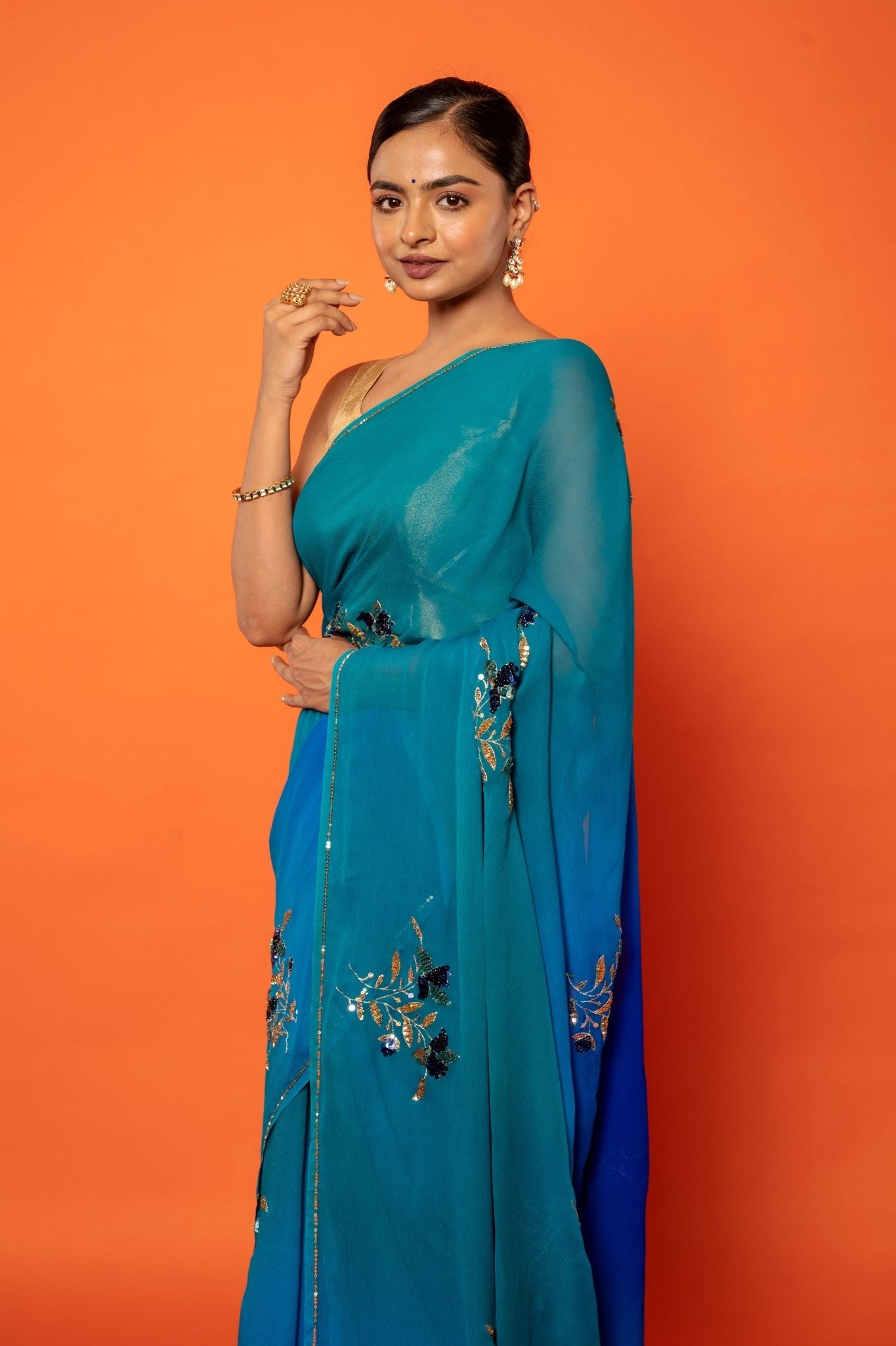 peacock pure chiffon aari sequins handwork saree