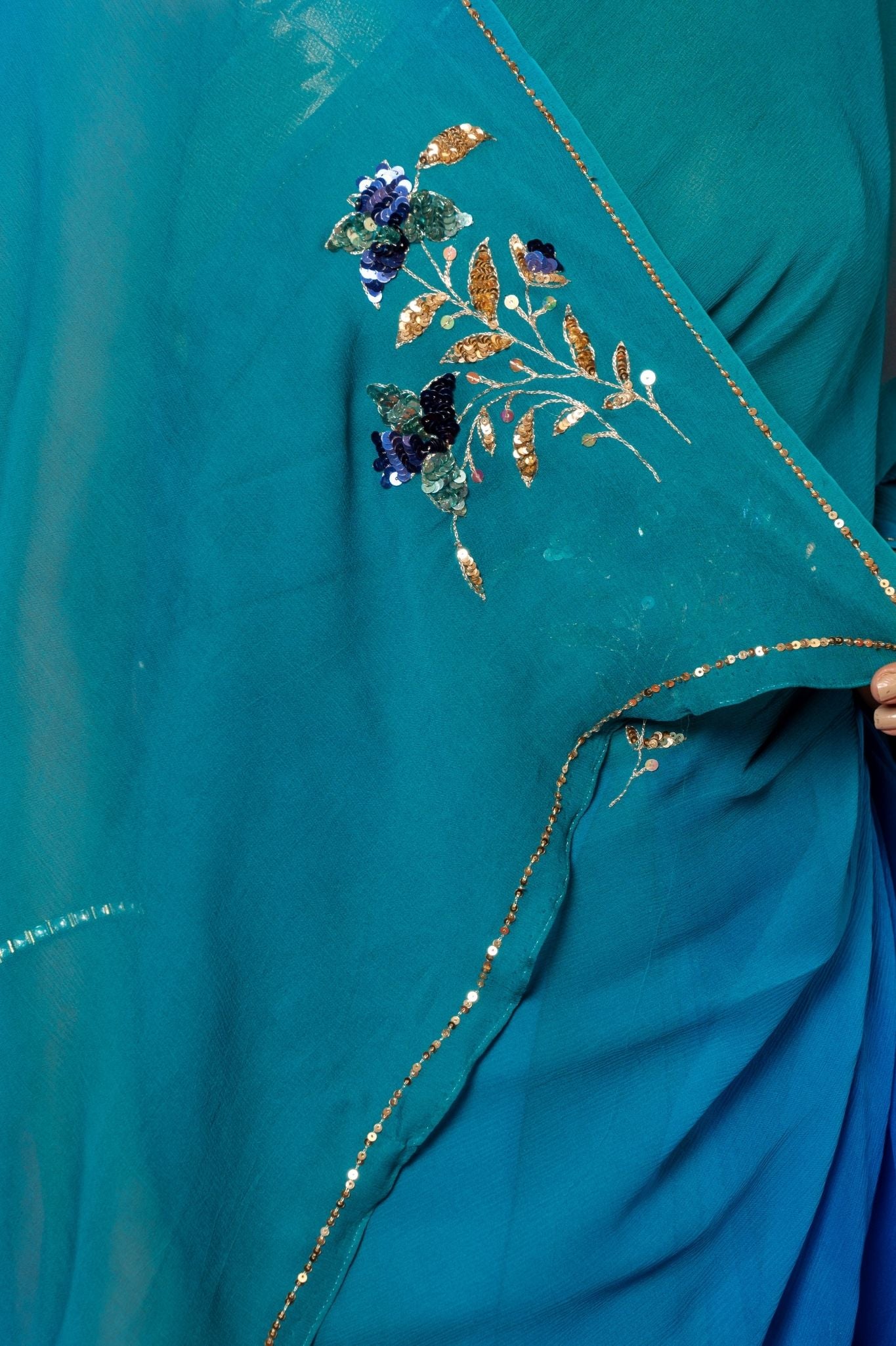 peacock pure chiffon aari sequins handwork saree