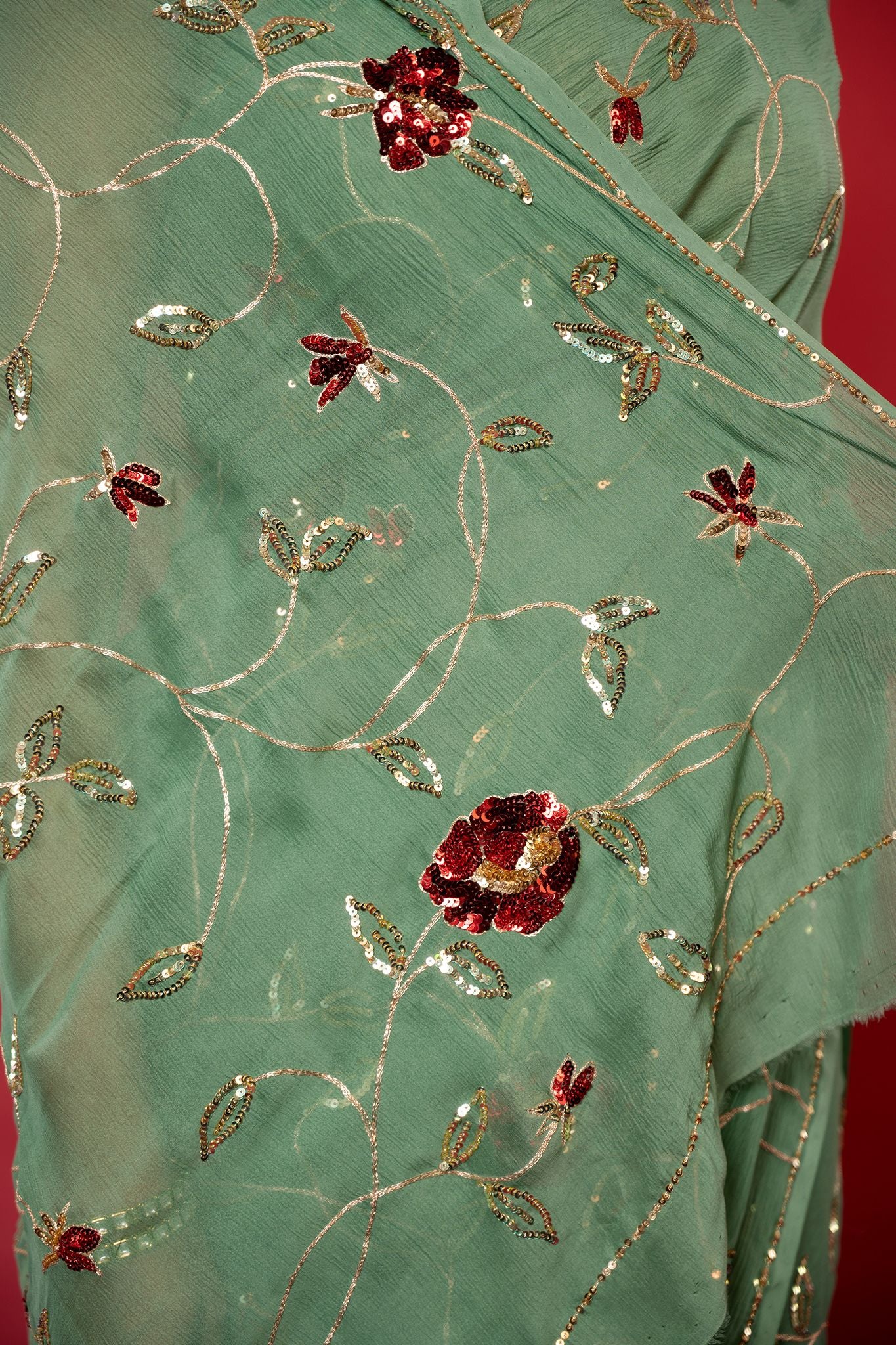 Oilve pure chiffon sequins jaal handwork saree