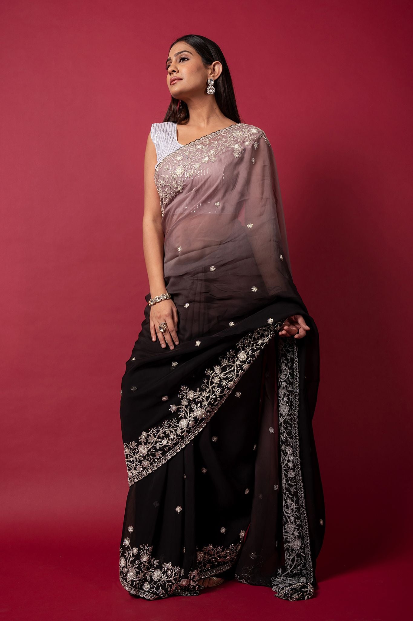 black grey organza pearl sequins kardana handwork saree