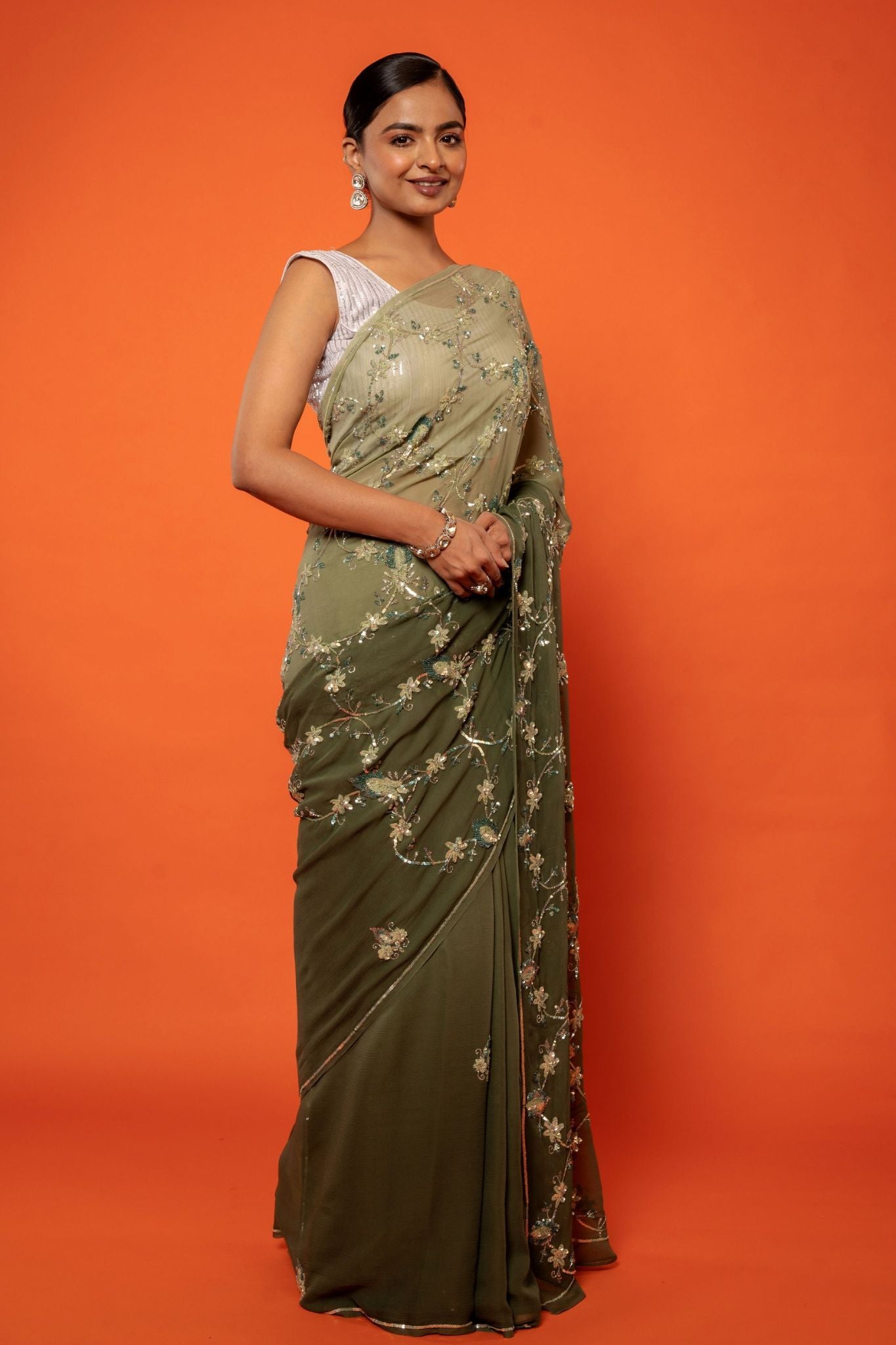 Olive green pure chiffon aari sequins jaal handwork saree