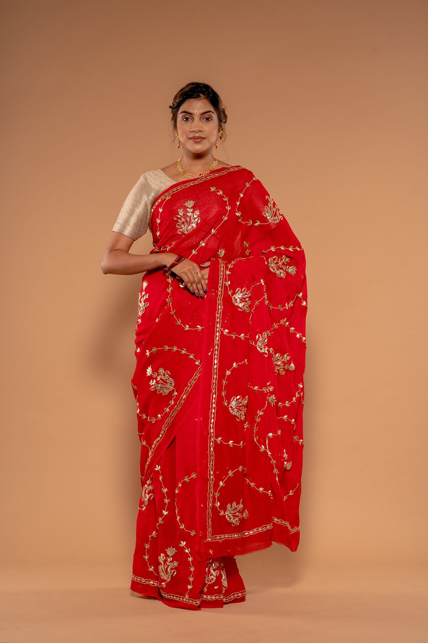 Tamatri Red Viscose Chiffon Tori Gota Patti Handwork Saree