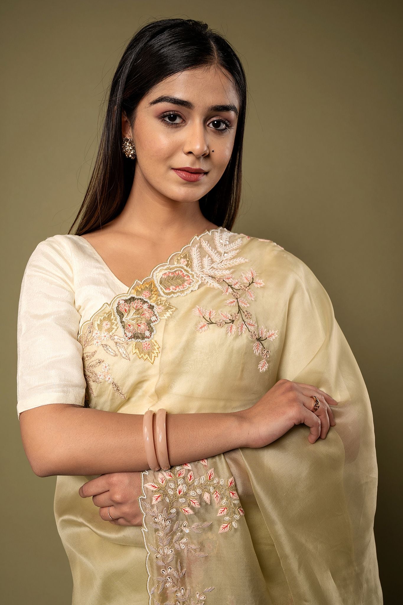 Olive green organza Resham French Knot Dabka border butti handwork saree