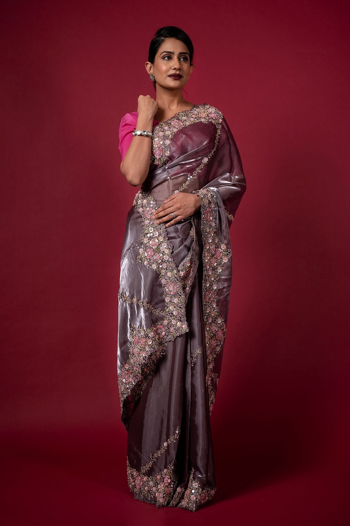 Purple Tissue organza pearl sequins kardana resham handwork saree