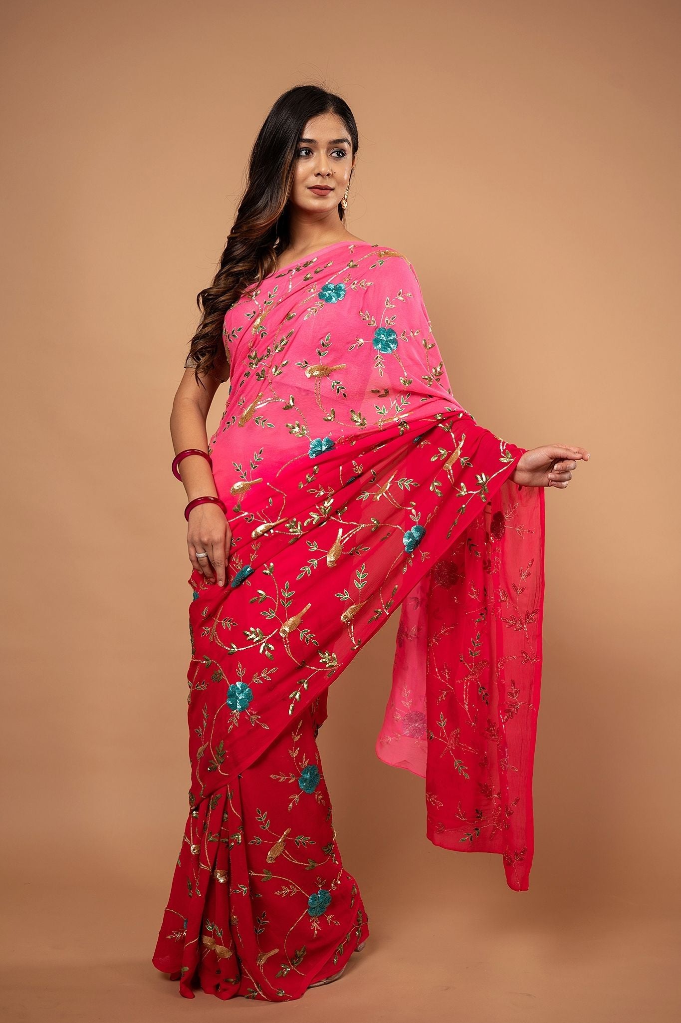 Gajri Pink light dark pure chiffon aari sequins jaal handwork saree