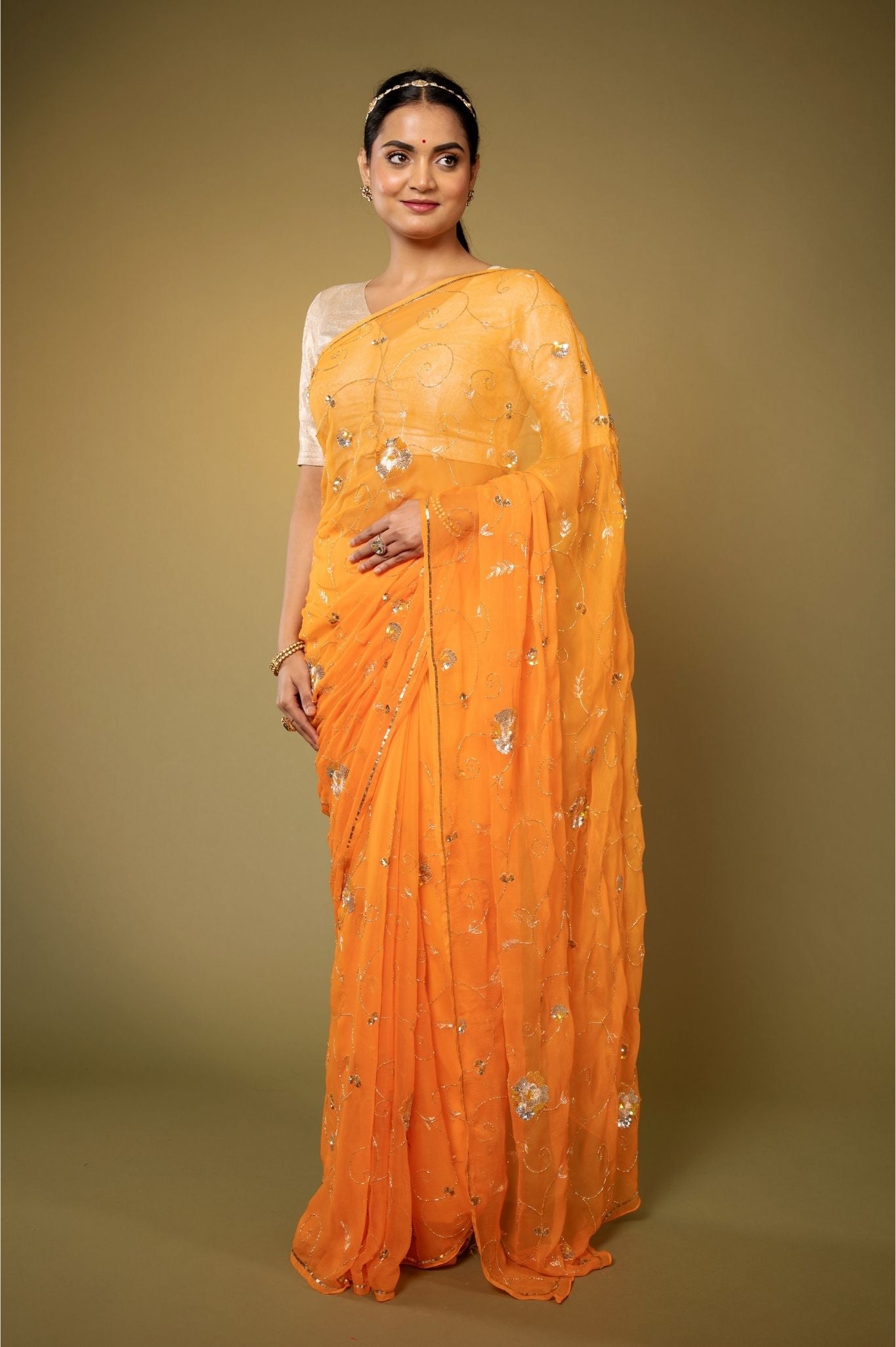 yellow Viscose Chiffon aari sequins jaal handwork party wear saree