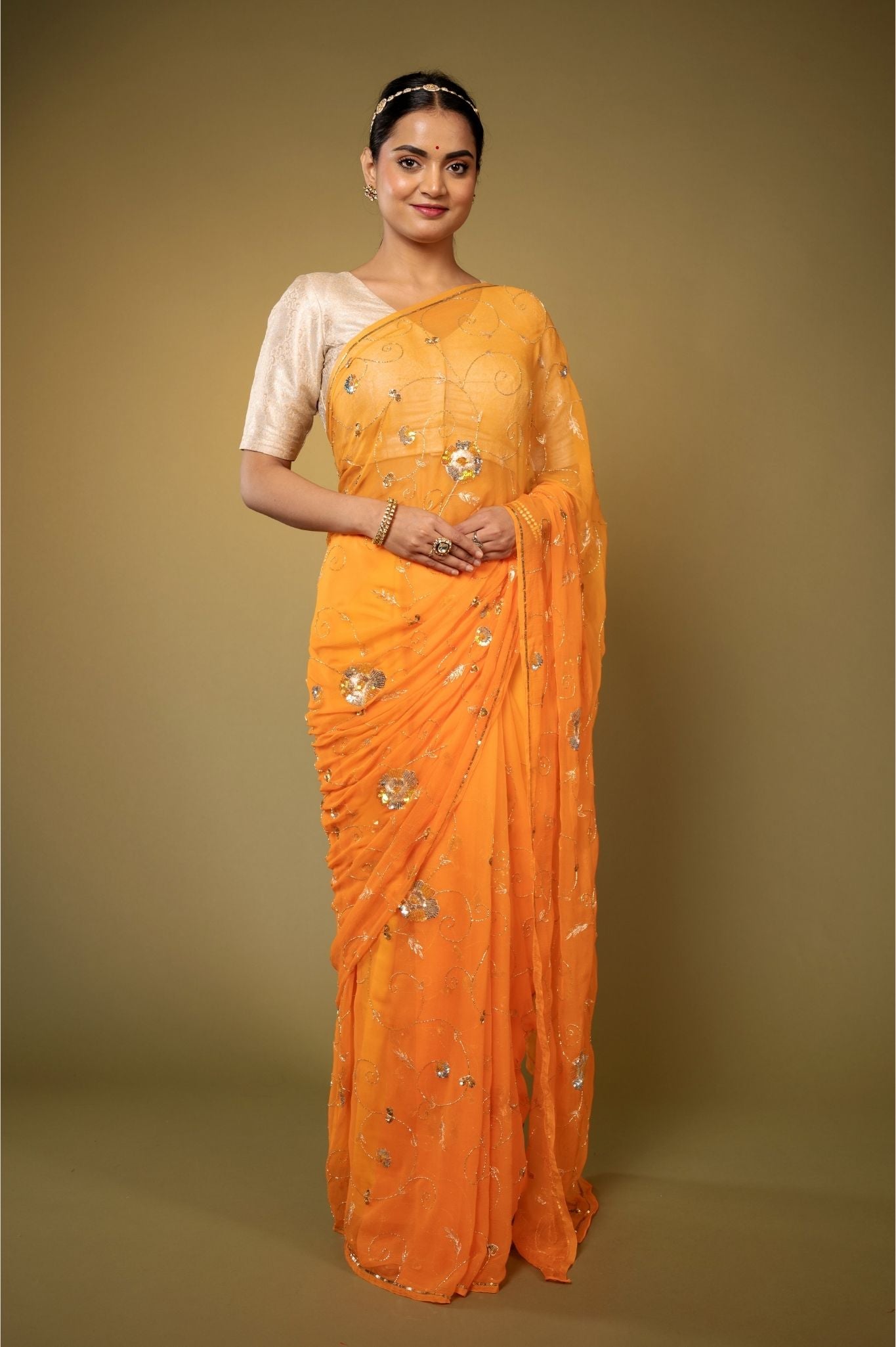 yellow Viscose Chiffon aari sequins jaal handwork party wear saree