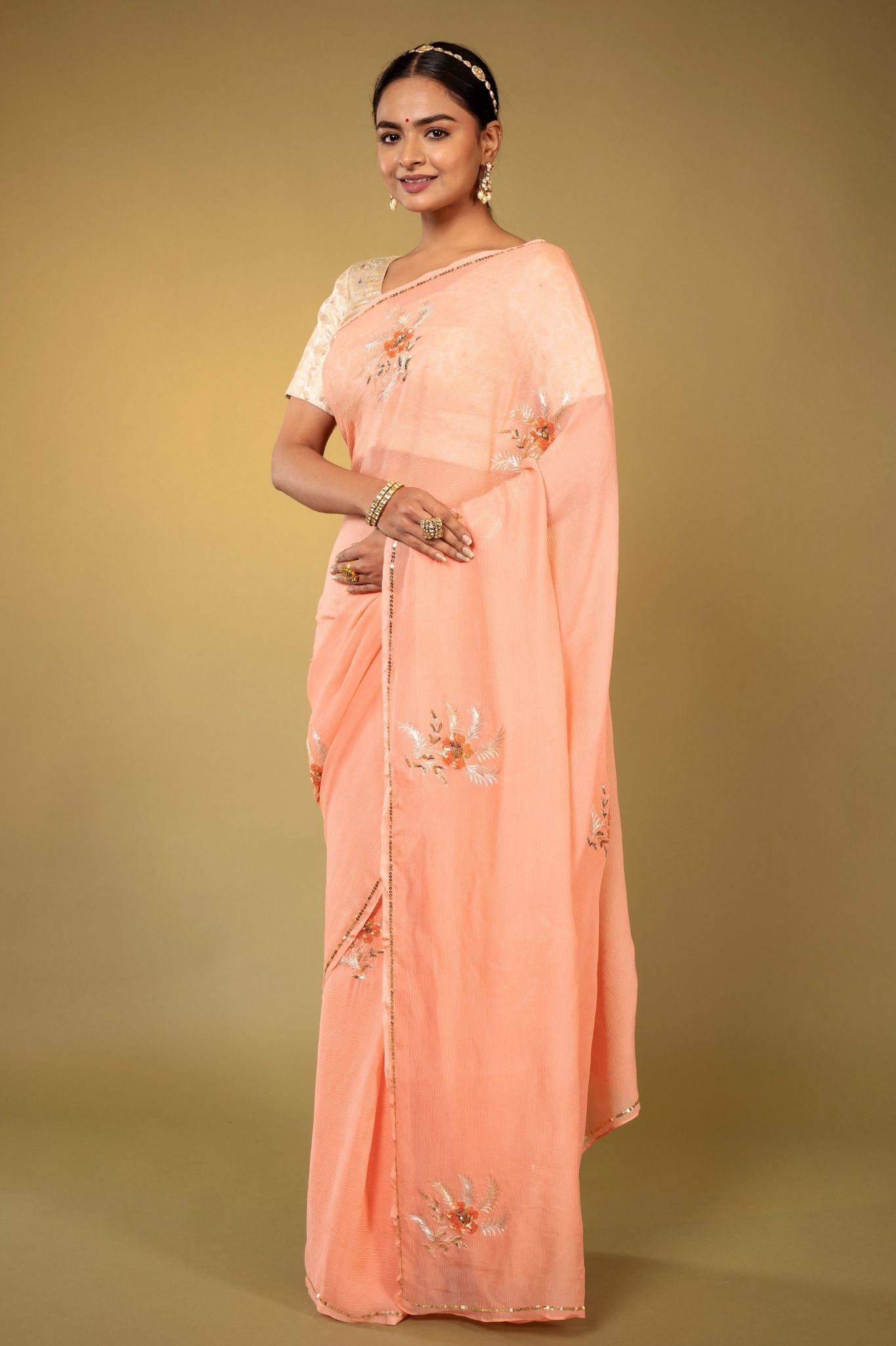 peach pure chiffon aari sequins handwork saree