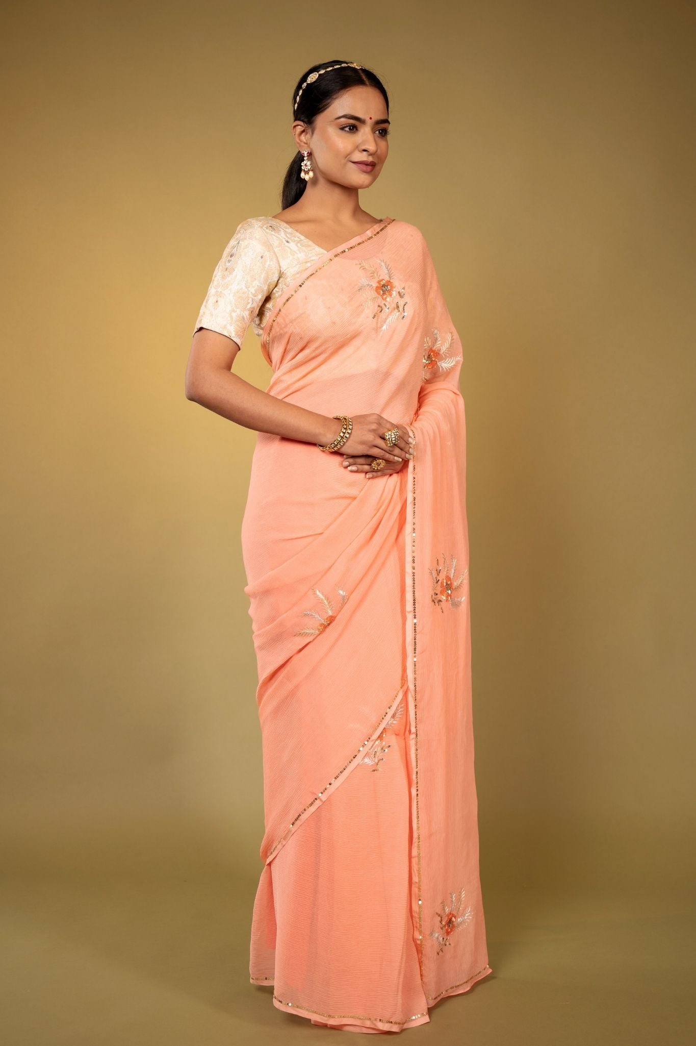 peach pure chiffon aari sequins handwork saree