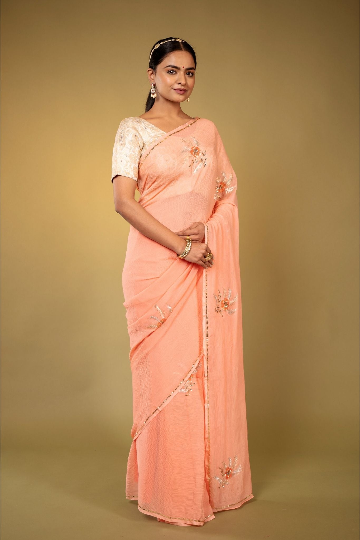 peach pure chiffon aari sequins handwork saree