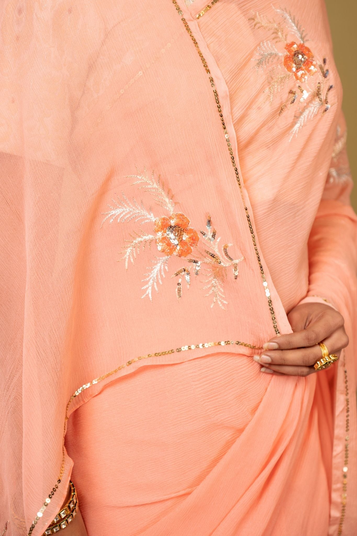 peach pure chiffon aari sequins handwork saree