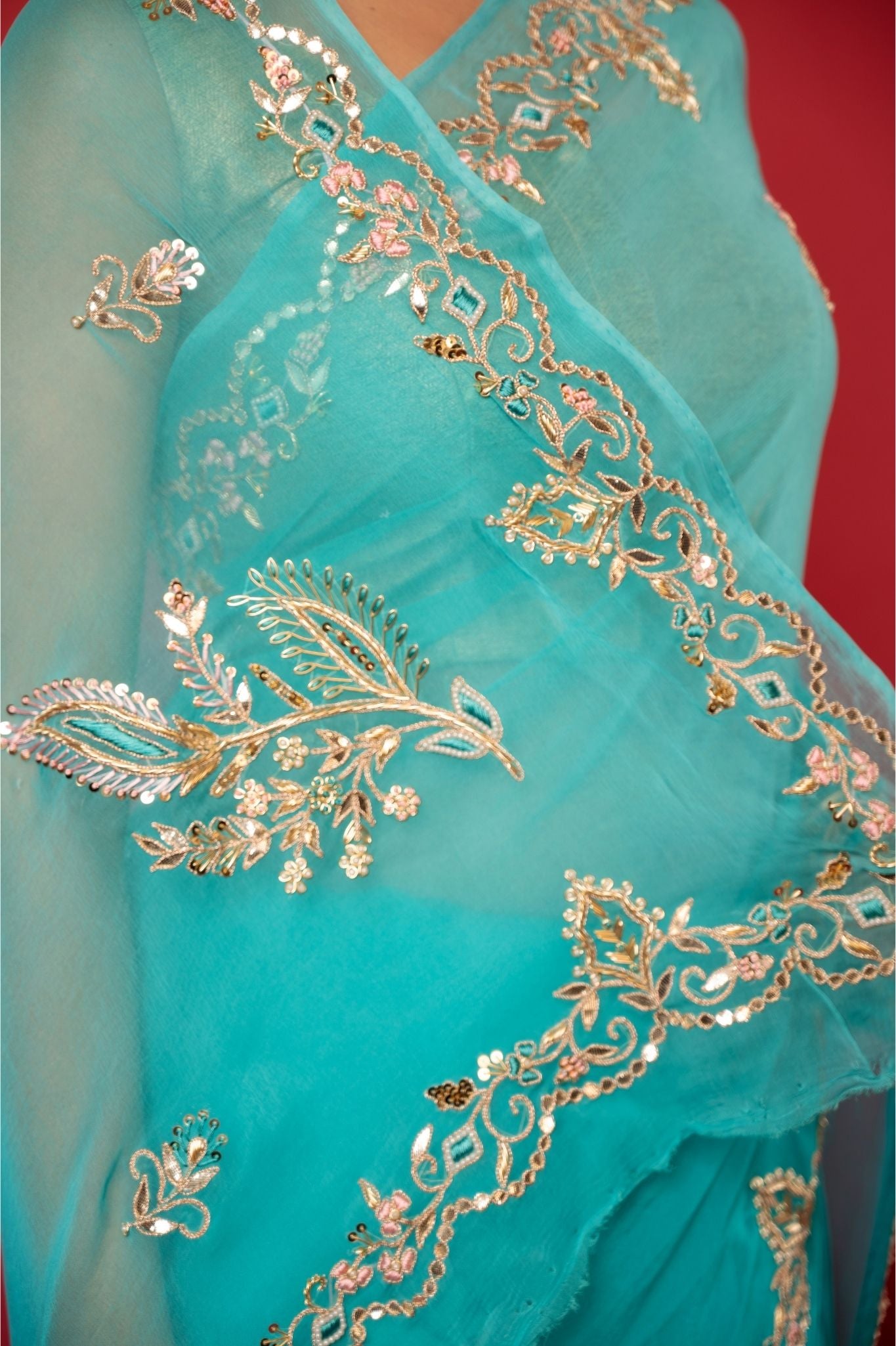 Turquoise Viscose Chiffon aari sequins handwork party wear saree