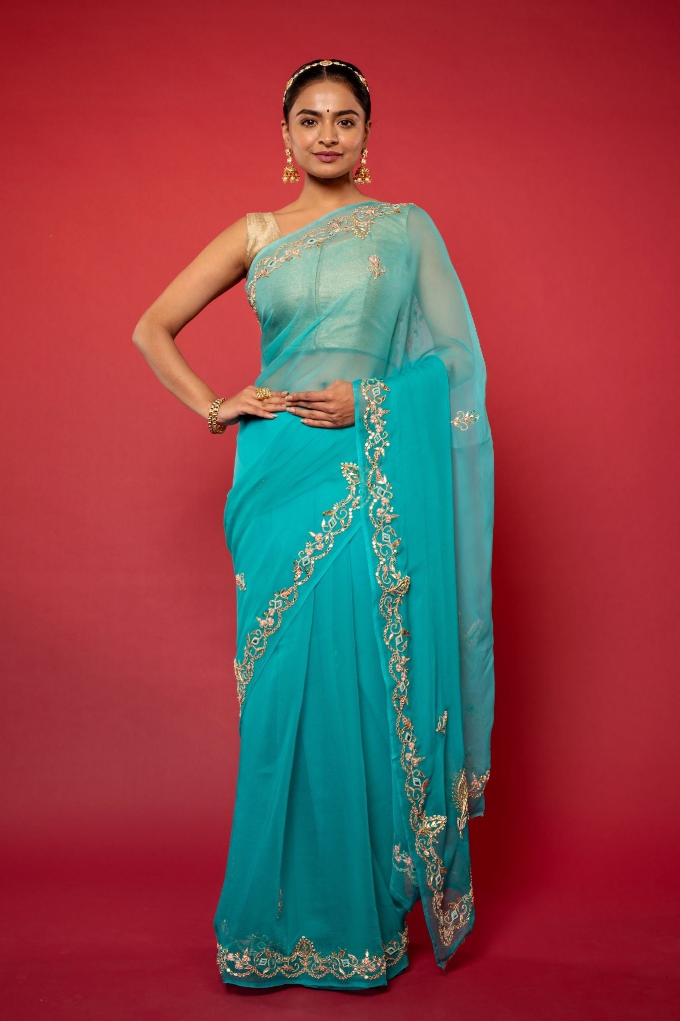Turquoise Viscose Chiffon aari sequins handwork party wear saree