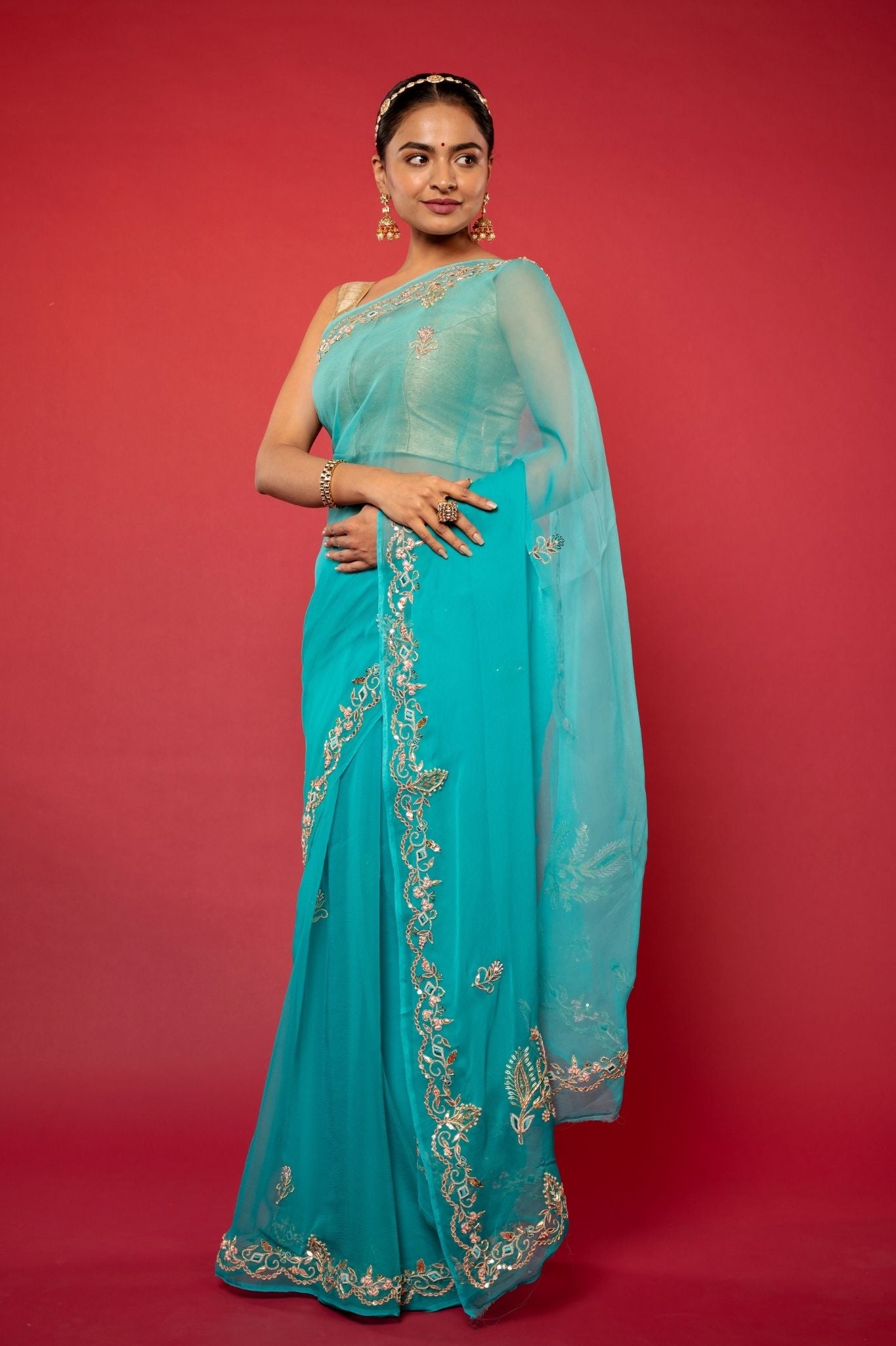 Turquoise Viscose Chiffon aari sequins handwork party wear saree