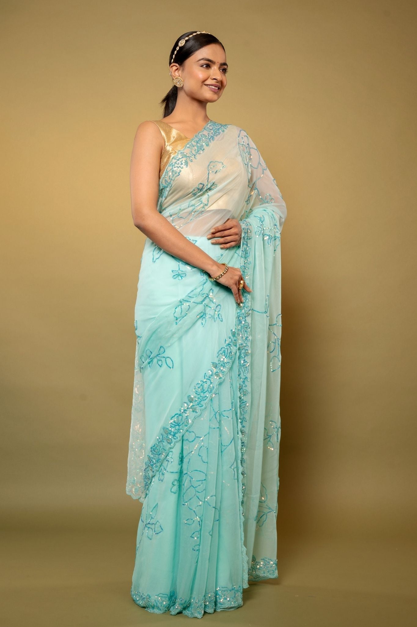 sky blue Viscose Chiffon sequins handwork party wear saree