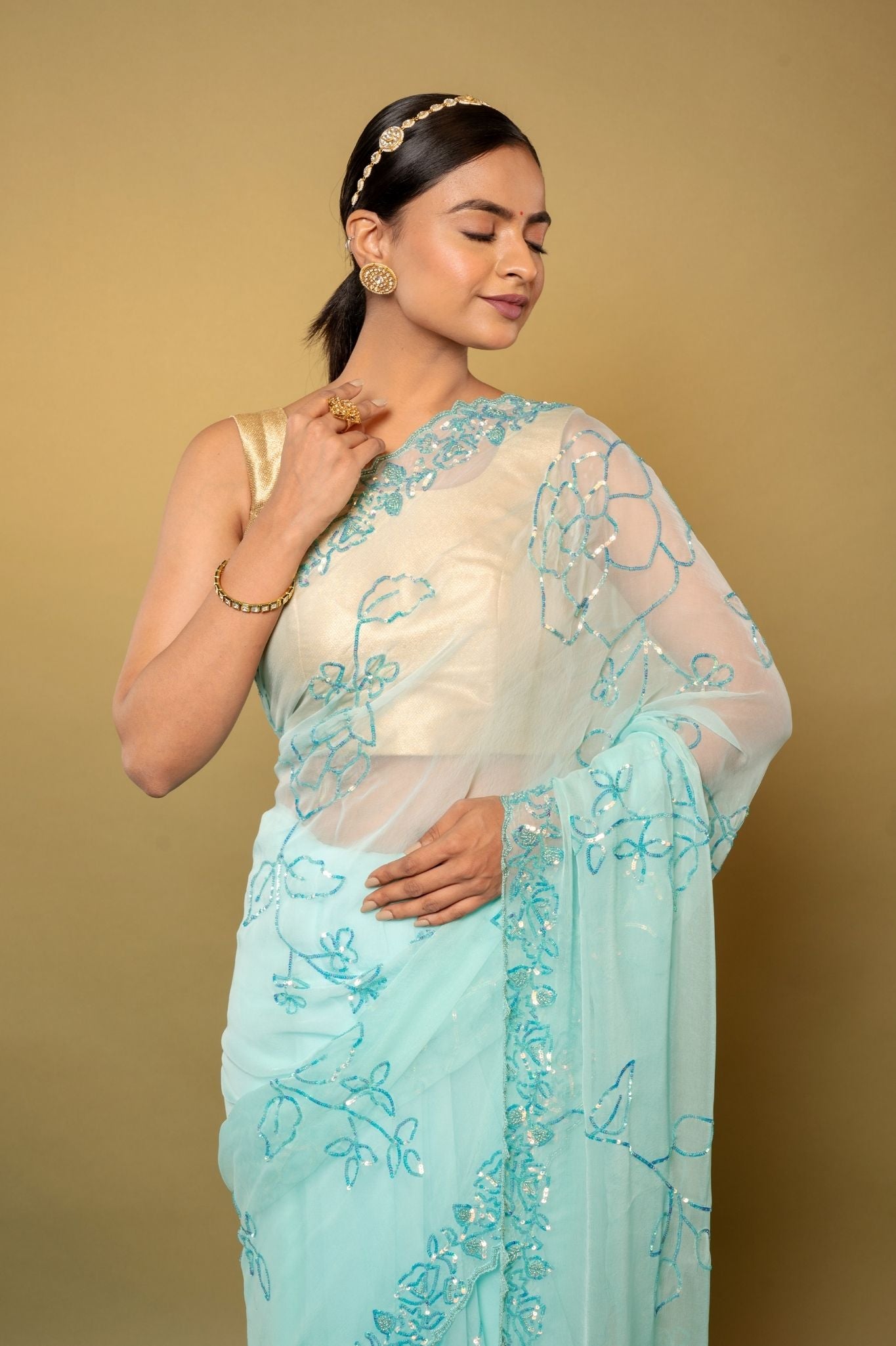 sky blue Viscose Chiffon sequins handwork party wear saree
