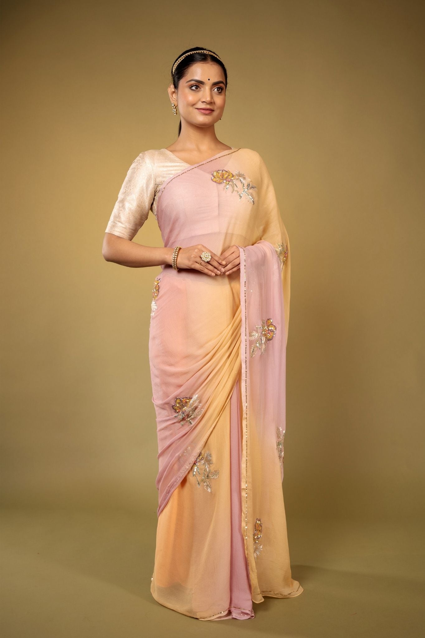 blush pink light peach pure chiffon aari sequins handwork saree