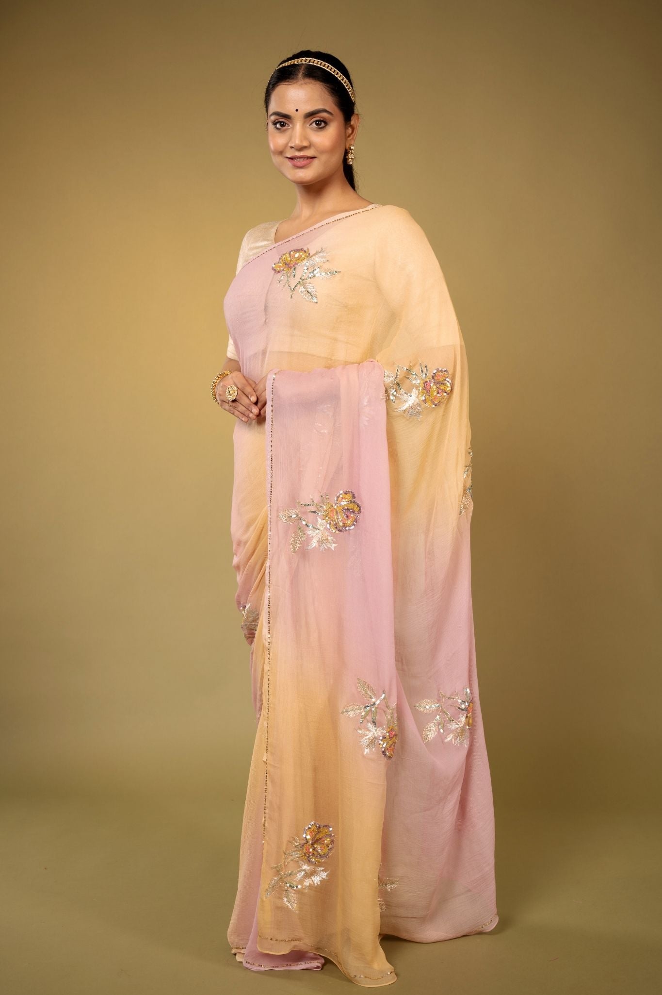 blush pink light peach pure chiffon aari sequins handwork saree
