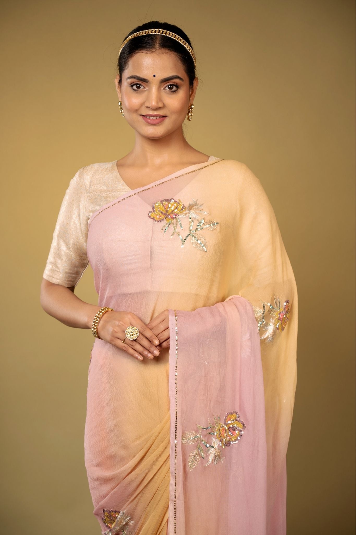 blush pink light peach pure chiffon aari sequins handwork saree