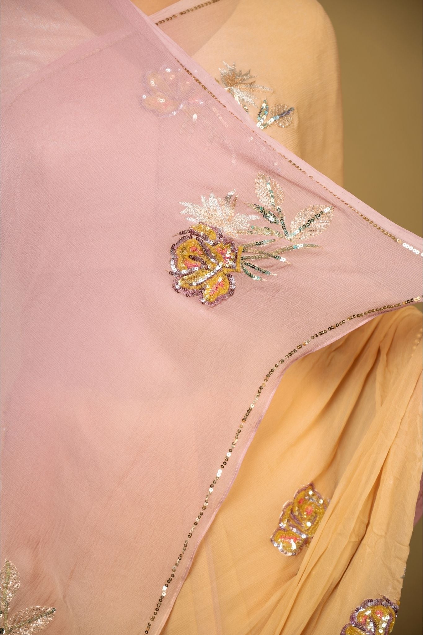 blush pink light peach pure chiffon aari sequins handwork saree