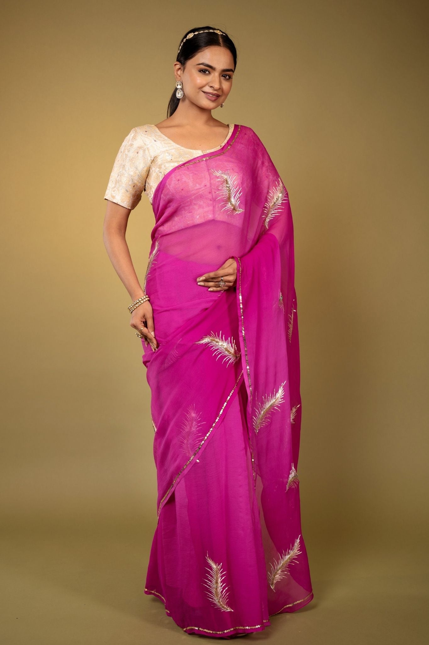 magenta Viscose Chiffon aari sequins handwork party wear saree