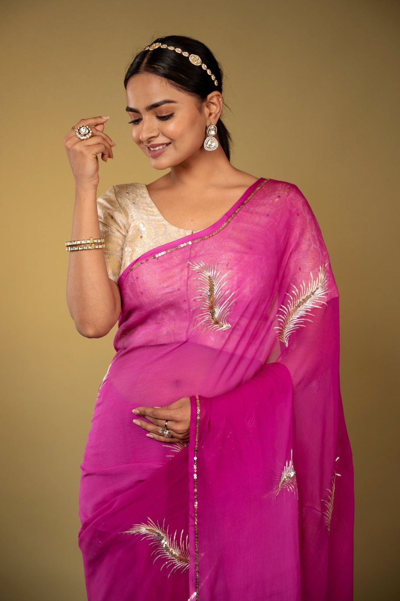 magenta Viscose Chiffon aari sequins handwork party wear saree