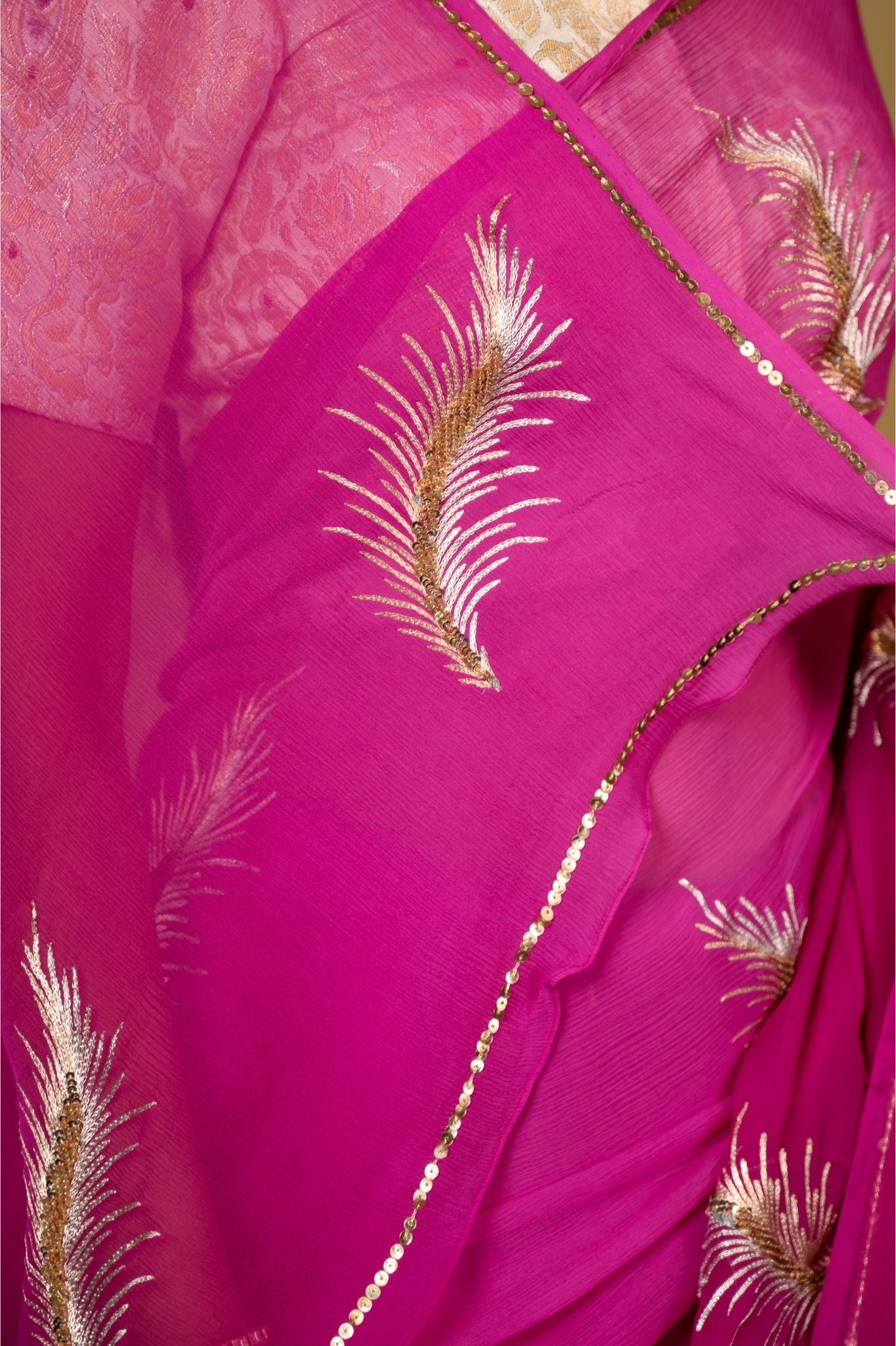 magenta Viscose Chiffon aari sequins handwork party wear saree