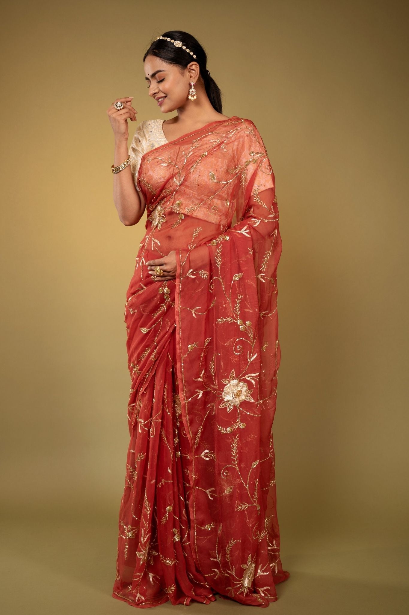rust Viscose Chiffon aari sequins jaal handwork party wear saree
