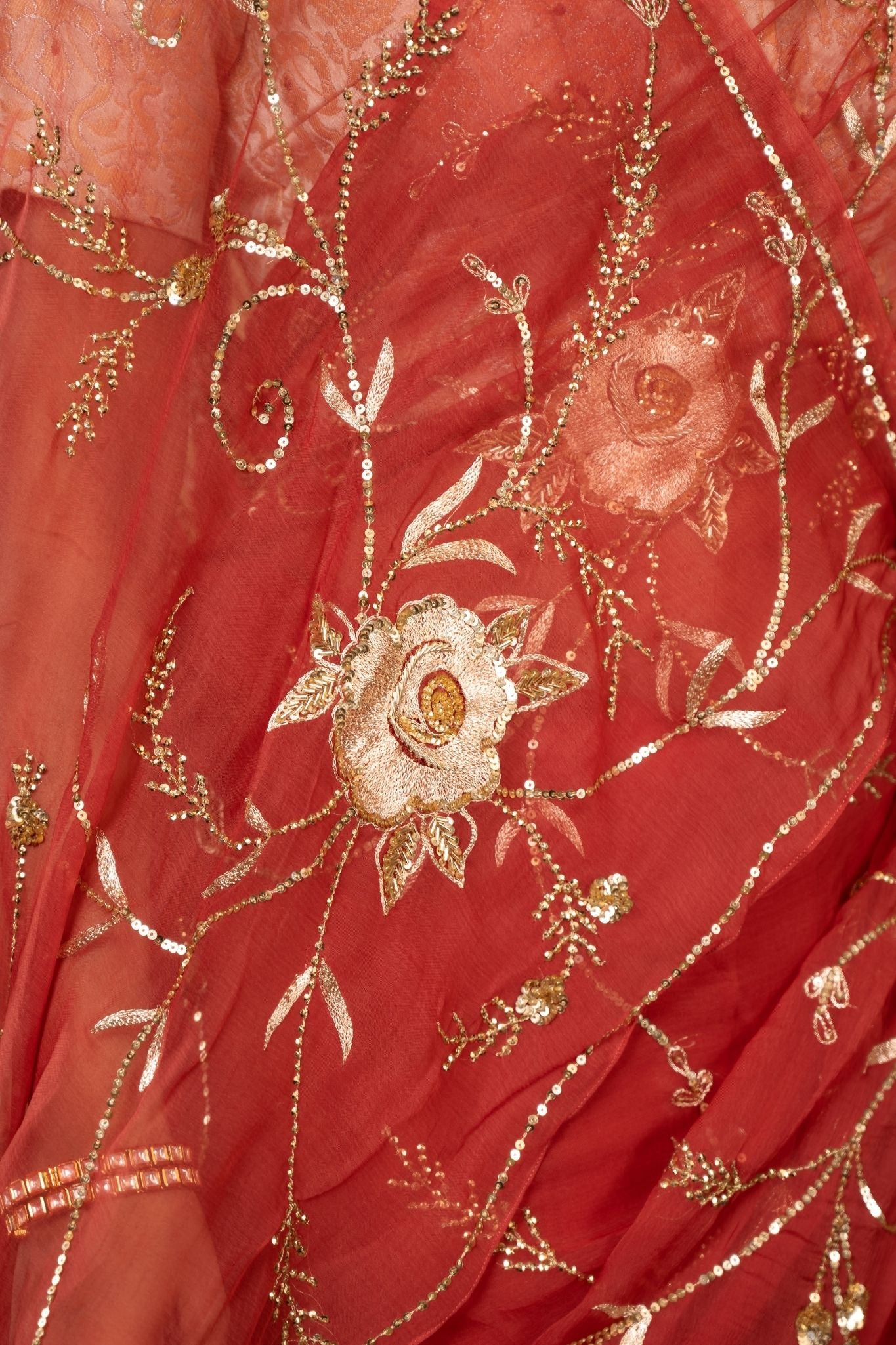 rust Viscose Chiffon aari sequins jaal handwork party wear saree