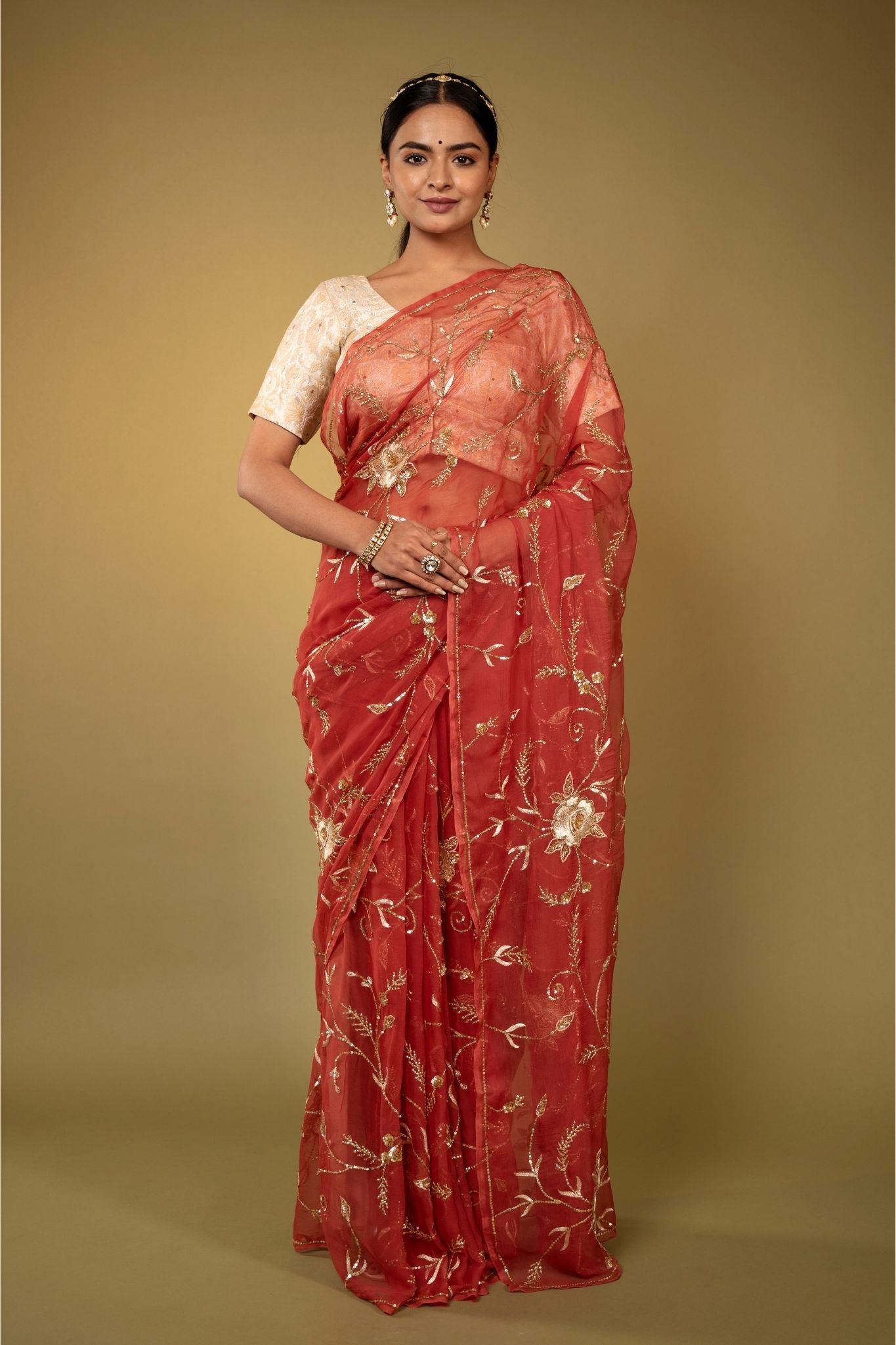 rust Viscose Chiffon aari sequins jaal handwork party wear saree