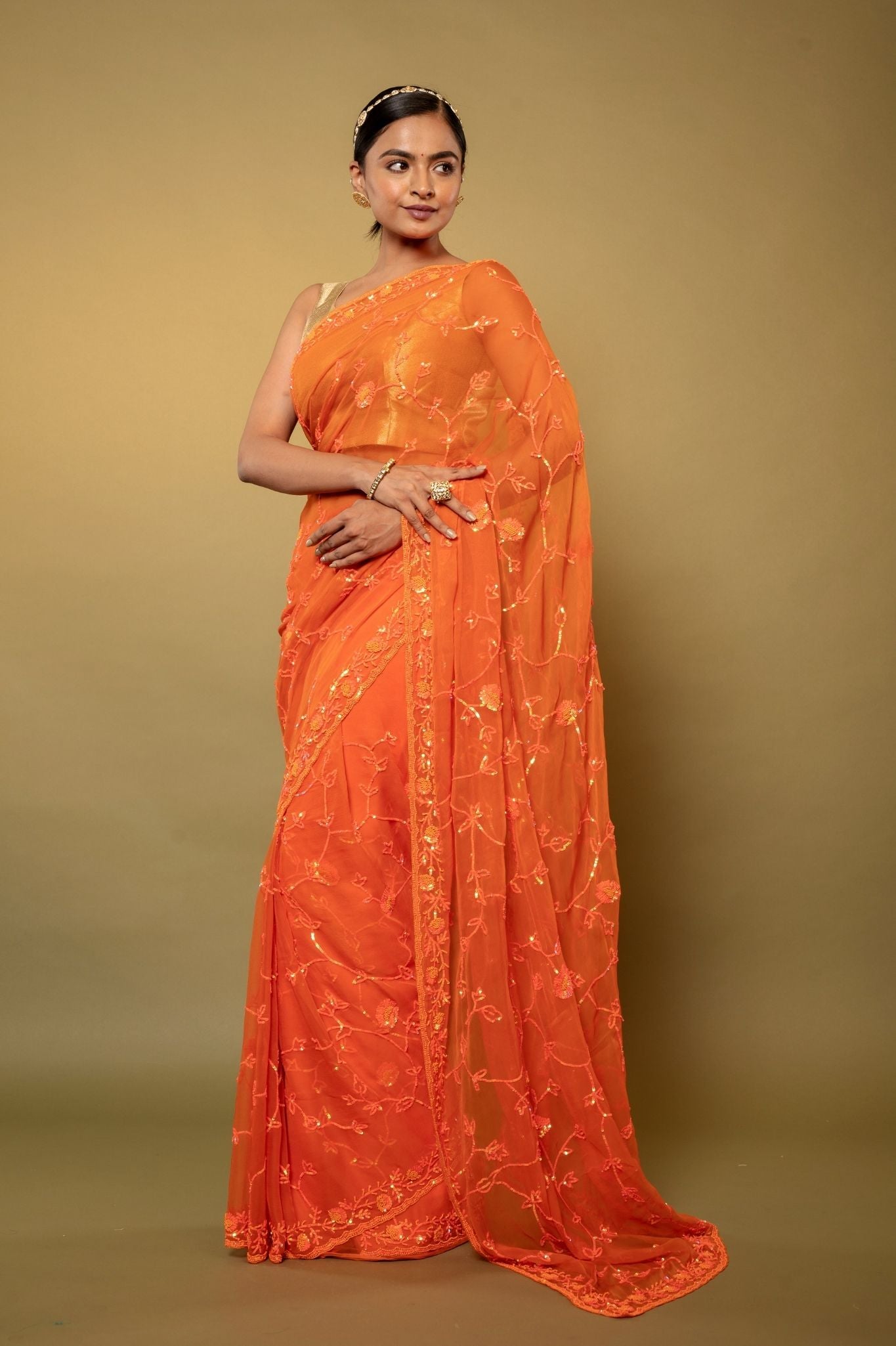 Orange Viscose Chiffon sequins Pearl jaal handwork party wear saree