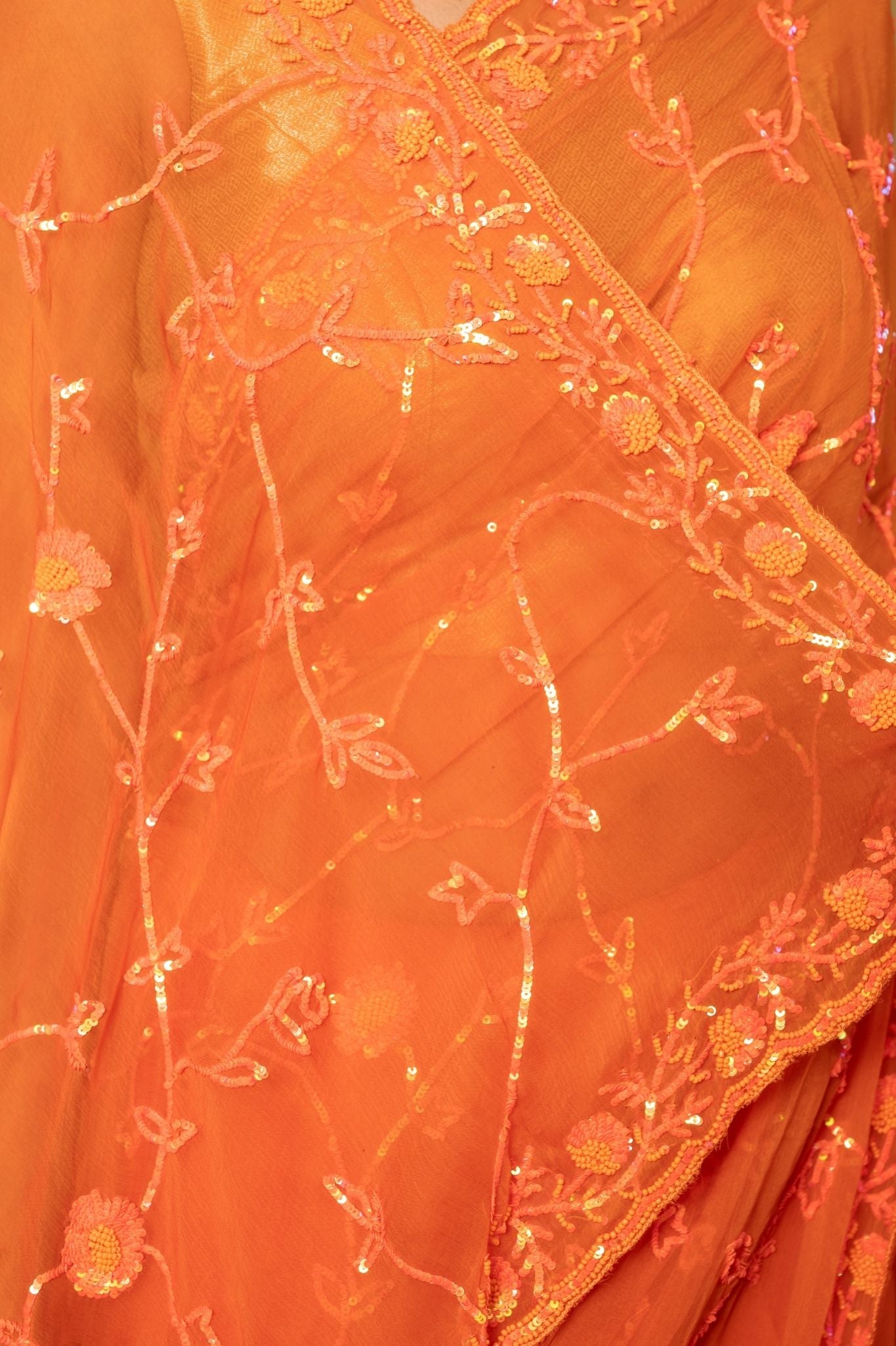 Orange Viscose Chiffon sequins Pearl jaal handwork party wear saree
