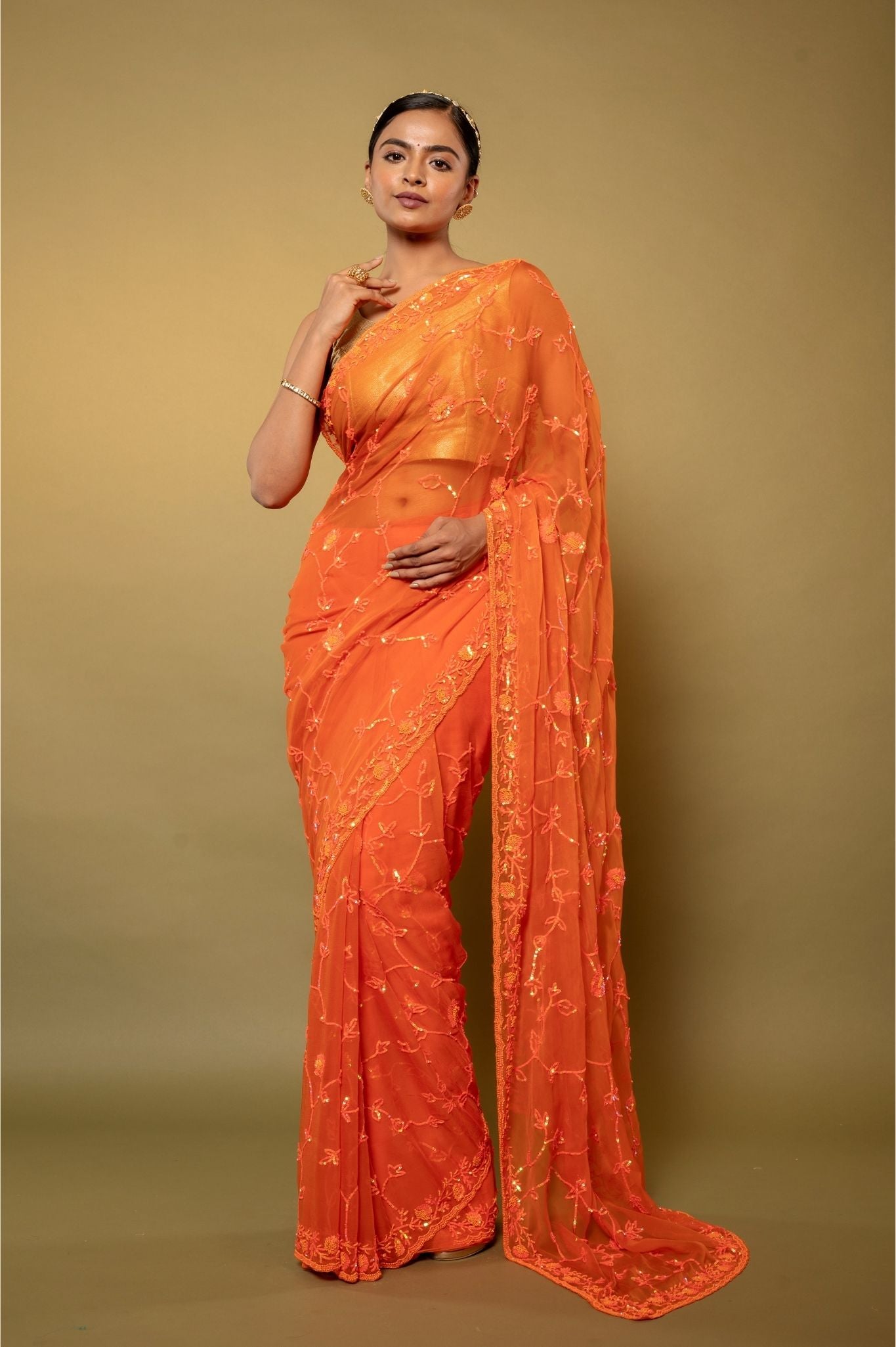 Orange Viscose Chiffon sequins Pearl jaal handwork party wear saree